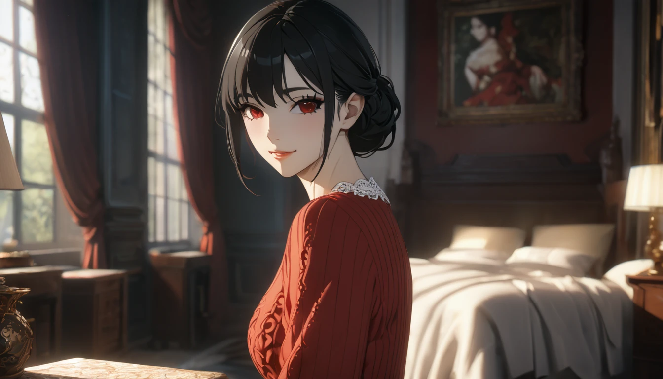 ((ultra quality)), (masterpiece), ((work of art)), ((8k)), ((yor)), Nvidia ray tracing, cinematic lighting, murderer,((Kizi)), alone, ((Bblack hair)), (beautiful  face), enchanting, ((happy facial expression)), looks at the camera with a slight smile, (white skin color), (Caucasian skin), body shine, ((beautiful detailed female eyes)), ((Eyes red)), (beautiful female lips), (dark eyeliner), (beautiful female hands), ((ideal female figure)), ideal female body, beautiful waist, beautiful hips, medium breasts, (cloth: red sweater, ((lace trim panties), ((subtle and beautiful)), standing, lies sedately, ((Depth of field)), ((high quality clear image)), (clear details), ((high détail)), realistically, ((Focus Clear)),cute, アニメ.