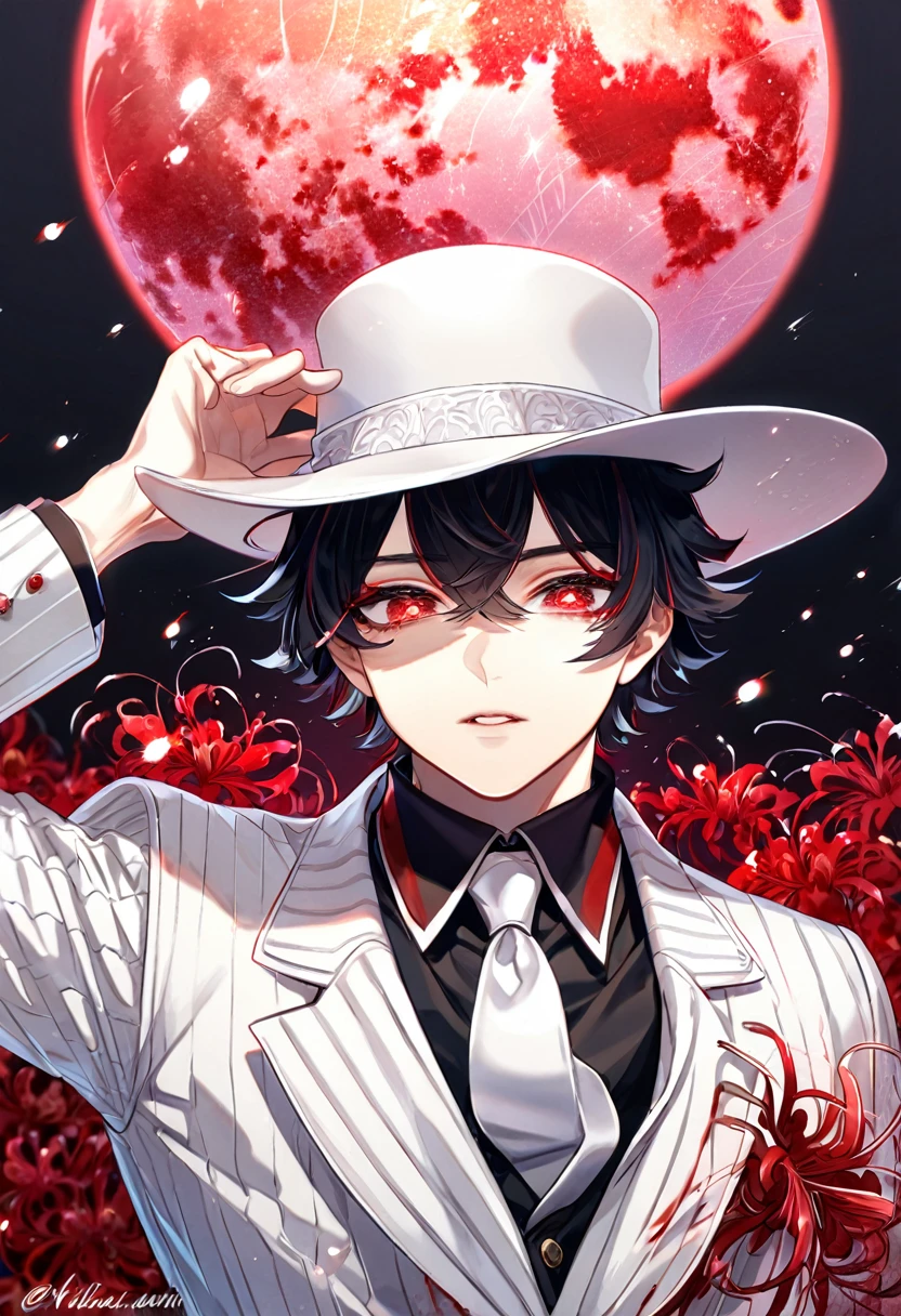 absurdres, highres, ultra detailed, HDR, master piece, best quality, extremely detailed, Kibutsuji Muzan, black hair, expressive red eyes, Kimetsu No Yaiba, solo, sexy man, handsome, sensual, white jacket, black shirt, white necktie, white hat, fantasy, red blood water, sparkling, red glittering fireflies, red moon, red blossoms, red spider lilies, red sparkling lights, starry sky, magical