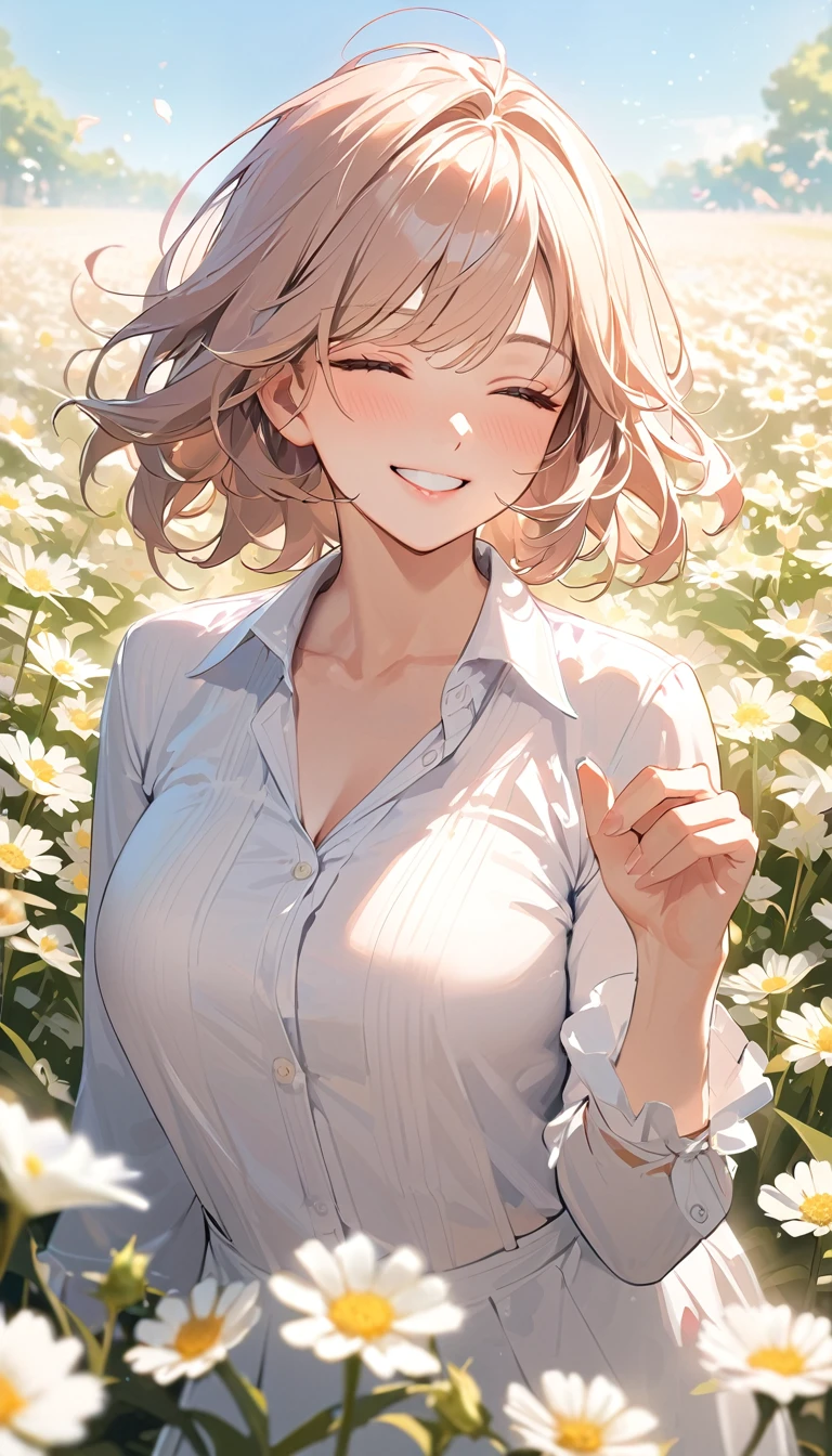 super detail, best quality, a woman ,　Full smile, Eyes closed, Light-colored, neat clothing,　An atmosphere of joy ,Flower Field,Mature Woman,　(Crisp lines)