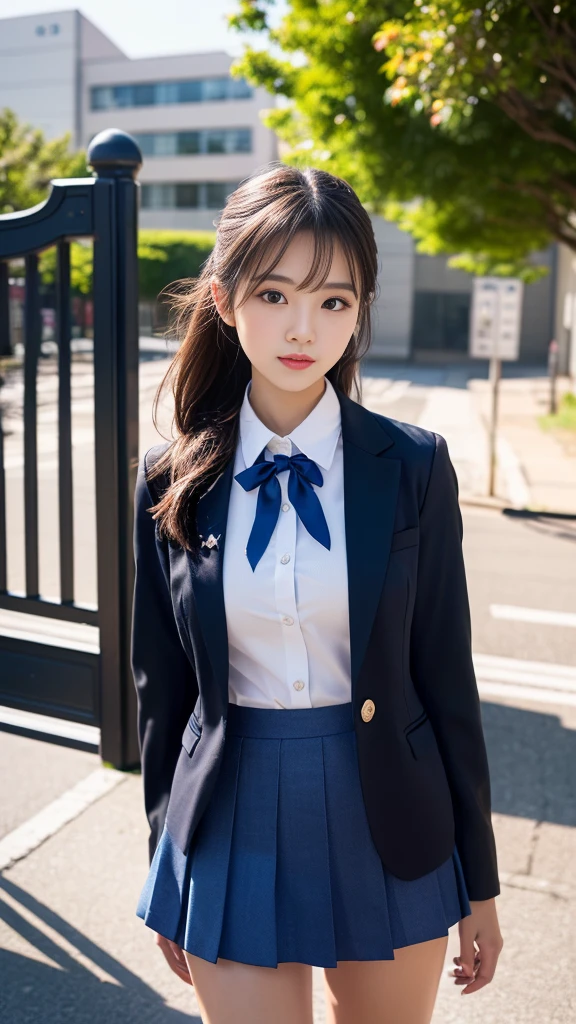 mix 4, (16K, Raw photo, best image quality, masterpiece: 1.45), (realistic, Photoreal: 1.37), one girl, cute, cityscape,, professional lighting, photon mapping, school classroom, Physically based rendering, dark brown hair,ponytail hairstyle, Beautiful well-groomed eyes、((double eyelid))、super cute girl, (((school uniform、blazer、Long-sleeved shirts worn by Japanese high school girls、ribbon tie、Navy blue super super super mini skirt,、dark blue socks、black loafers))), highest quality photos, High resolution, 1080P, (clear face), (Detailed facial description), (detailed description of hands), (masterpiece), (Detailed CG)、extreme light and shadow、messy hair、master work、Rich details、smiling, (detailed facial features)、(highest quality photoasseter muscle part)、(detailed eye)、look in front of you、thin clavicle、((slender and big))、(((Japanese high school girls wear long-sleeved shirts)))、((neat idol))、((school gate、schoolyard、School building in the background))、(Take photos from random viewpoints)、(((Anyway it's cute)))、earrings、big smile、Draw the whole body from the knees、Do not draw fine lines, ( large breasts:1.2)、small buttocks with tension、Two arms and two legs、(((from the front:0.7)))、bare hands、(((symmetrical eyes)))、standing pose、Do not remove the tie from the jacket、