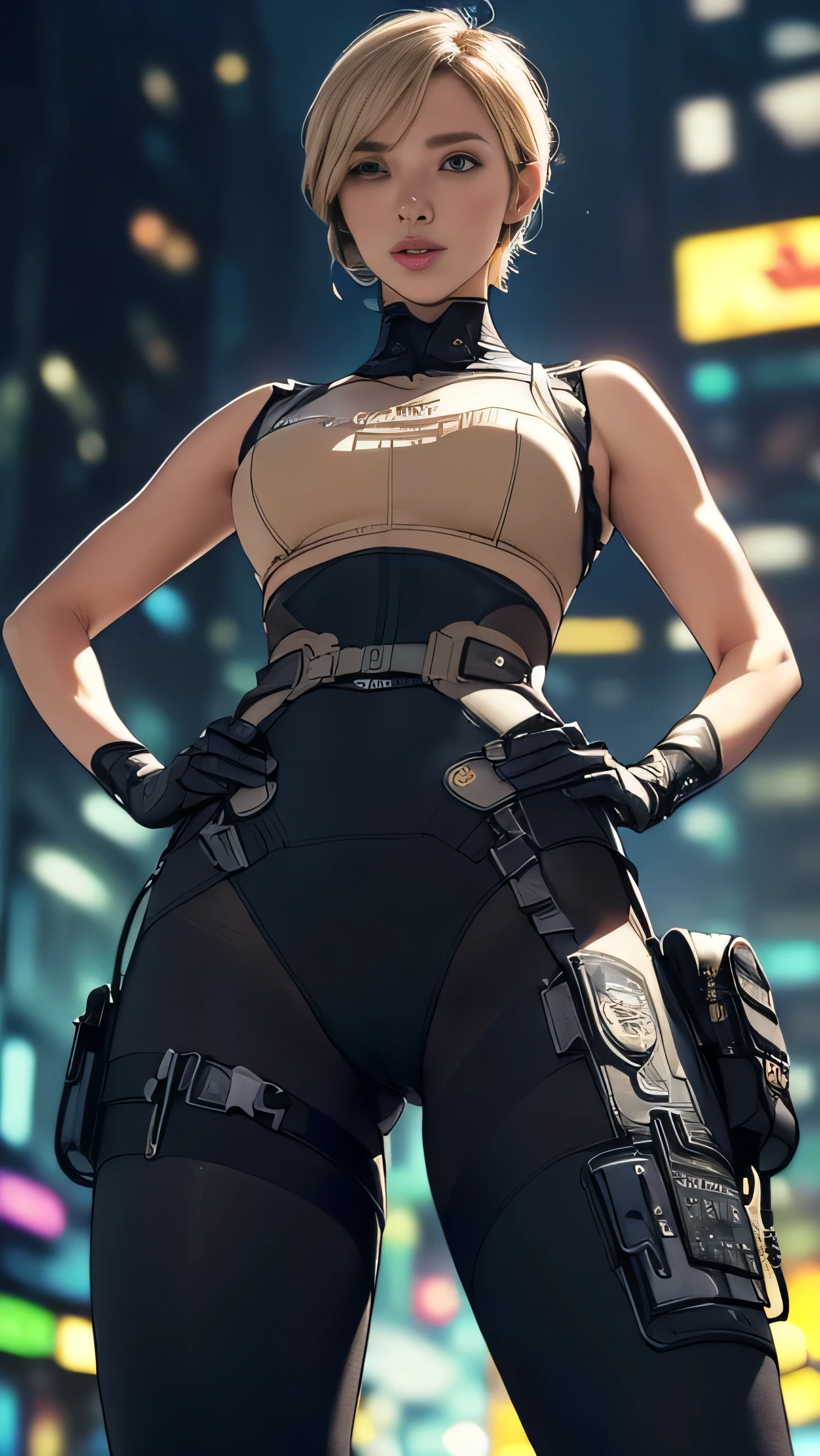 (A woman),(((Future female police officer standing))),((Black Tactical Tights:1.5)),((Camel toe:1.5)),((earphone:1.5)),((Tactical Holster:1.5)),(Gloves:1.5),(((Hands on hips:1.5))),(front:1.5),(From below:1.2),(Super short hair:1.5),(bionde:1.5),(beautiful eyes:1.3),(Very detailedな顔:1.5),((Very detailed drawing of a female hand:1.5)),((muscular:1.5)),(Sexy look:1.5),((Thick thighs:1.5)),(Beautiful Body:1.5),((Very sensual:1.5)),(The backdrop is a futuristic city:1.5),(Cyberpunk atmosphere:1.5),(((Blurred background:1.5))),(Written border depth:1.5),rest(((masterpiece:1.5),(best quality:1.5),(Very detailed:1.5),(high resolution:1.5),(Practical:1.5),(Practical:1.5),(Delicate depiction),(carefully drawn))),8k,wallpaper