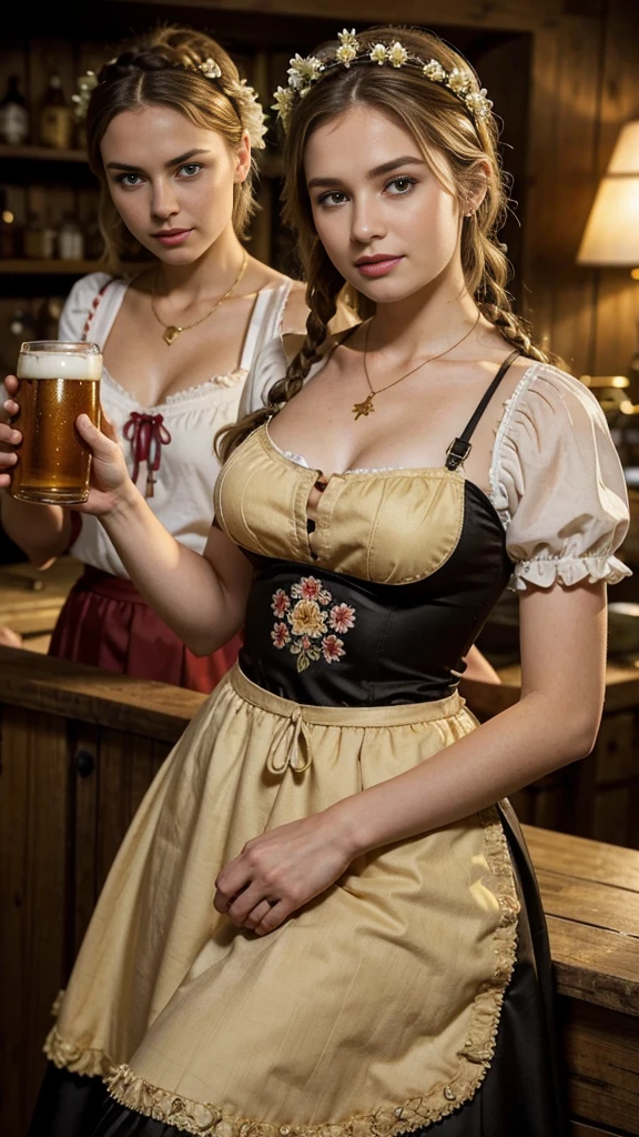Front view, raw a scene featuring traditional German costumes from the 1930s. looking at viewer, female 20 years-old, (brown hair ,double braid, smile), (flower crown gold neckless, lady's watch), (little fat body, holding Beer mug ), (The women are wearing embroidered Dirndls, which include a close-fitting bodice with a low neckline, a blouse worn under the bodice, a wide high-waisted skirt, and many flower arrange black embroidered apron). The setting is a rural village during a festival, with people engaging in traditional activities and celebrating their heritage .textured skin , HI detailed skin, (foreshortening, Canon, 8K, anatomically correct, super detail, high details, highness)