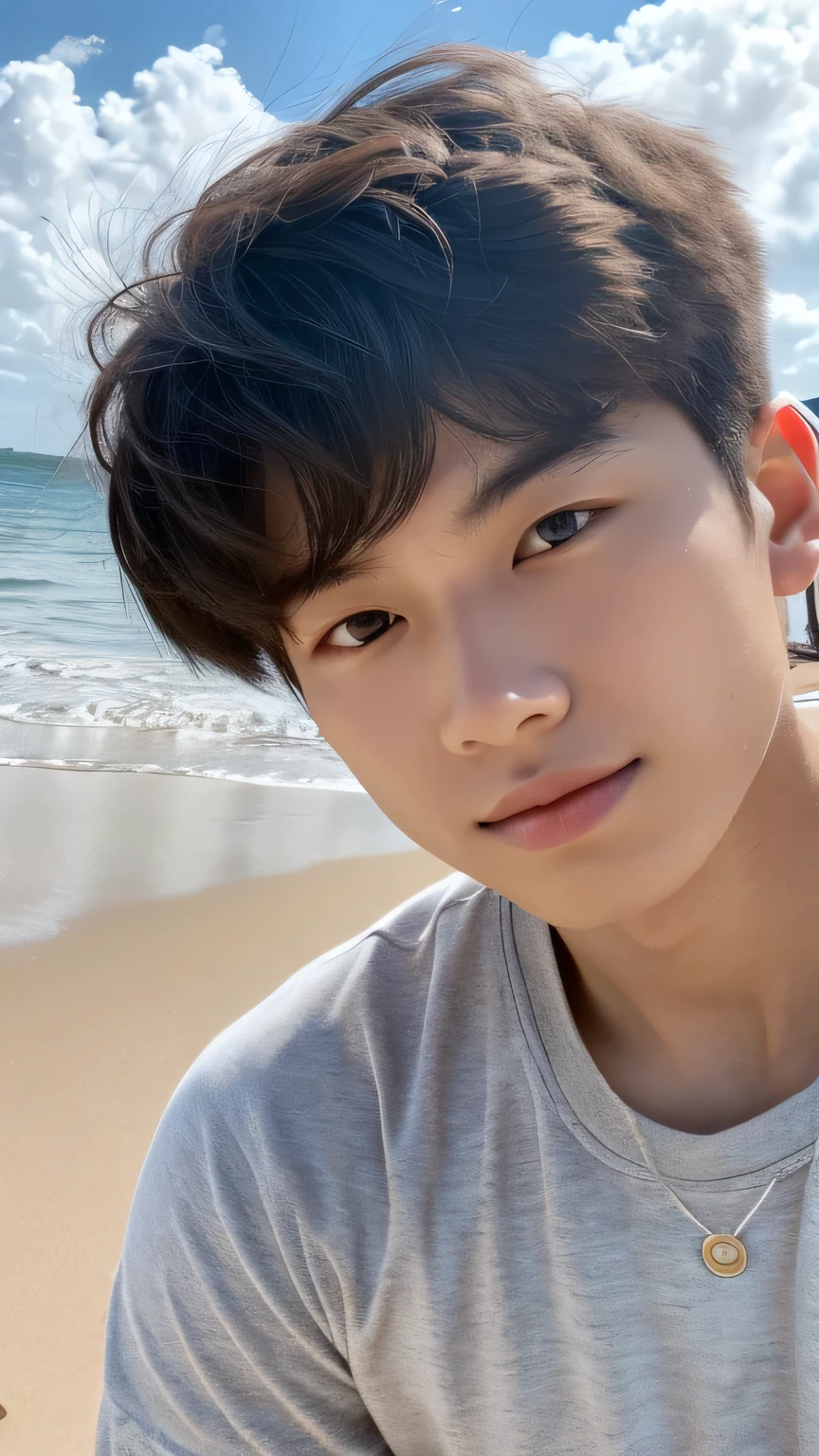Highest quality, masterpiece, Ultra-high resolution, (Realistic: 1.4), Original photo, wallpaper, Head Photo, skin, Simple Background, Iris, detailed, Selfie, 1 boy, 18-year-old, good looking, Wind,Sandy Beach