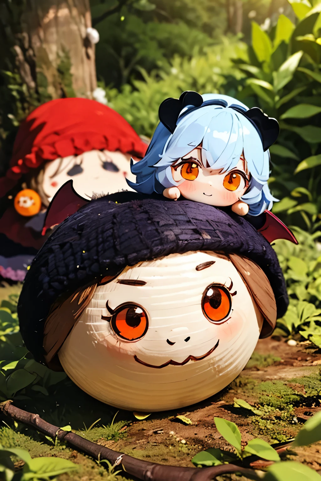 Photorealistic、Cute horror fantasy、ちび女の子doll（Devil Cosplay、Wicked Smile、Sagging under the eyes、Long eyebrows、Long nails、Orange eyes、Wear a long, big cloak） BREAK ,background(dollの周りに音符, (dead tree:1.3), in the forest,shadow　the cardboard\(Bat,doll,Crow\)\)