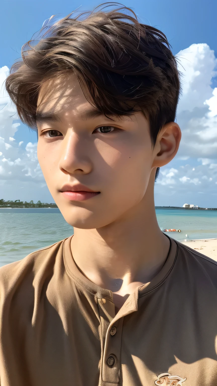 Highest quality, masterpiece, Ultra-high resolution, (Realistic: 1.4), Original photo, wallpaper, Head Photo, skin, Simple Background, Iris, detailed, Selfie, 1 boy, 18-year-old, good looking, Wind,Sandy Beach