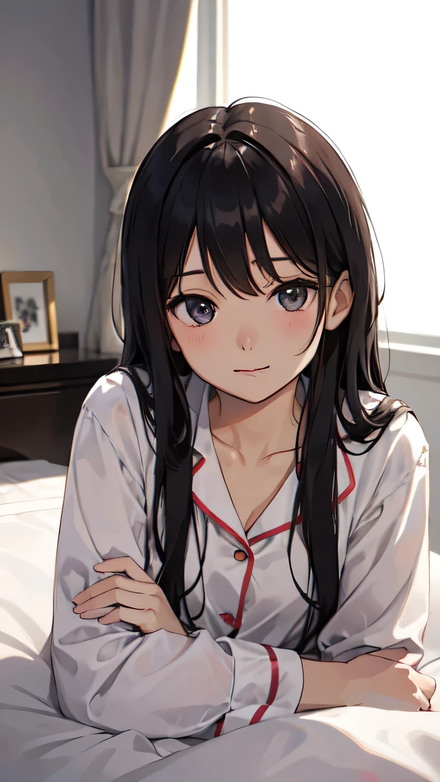 ((Highest quality)), ((masterpiece)), (detailed), I wake up in a room with the morning sun streaming in.、A beautiful girl in pajamas was sleeping next to me.。She slowly opens her eyes、Looking at me with a sleepy face。Her long hair spread out on the pillow、A soft smile floats。「good morning」she said in a small voice。