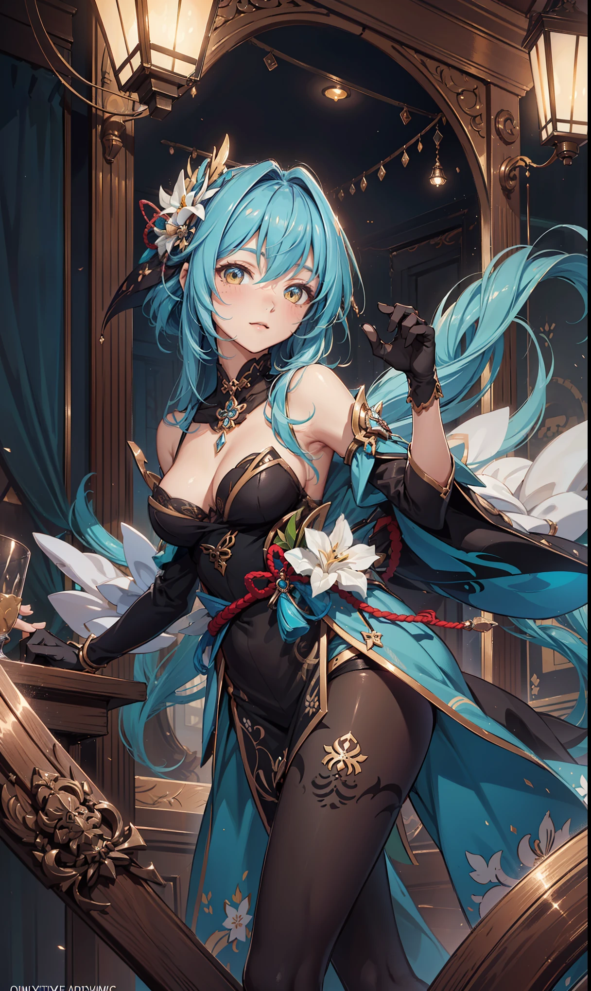 Saint人,Saint,Having fun,El Salvador,(White translucent soft skirt:1.2),Black suspender boots,(Silver Hair:1.2),blue eyes,(There is an ice ornament on the head),Light blue pattern,Light blue edges,Minimalism,Ruffles,Lace,Exquisite embroidery,Beautiful Pattern,(Dress nicely),Transparent clothes,The Japanese palace is in the background,Snowflakes flying,(Snowflakes in the dark:1.2),The only person,Beautiful and delicate face,Sexy pose