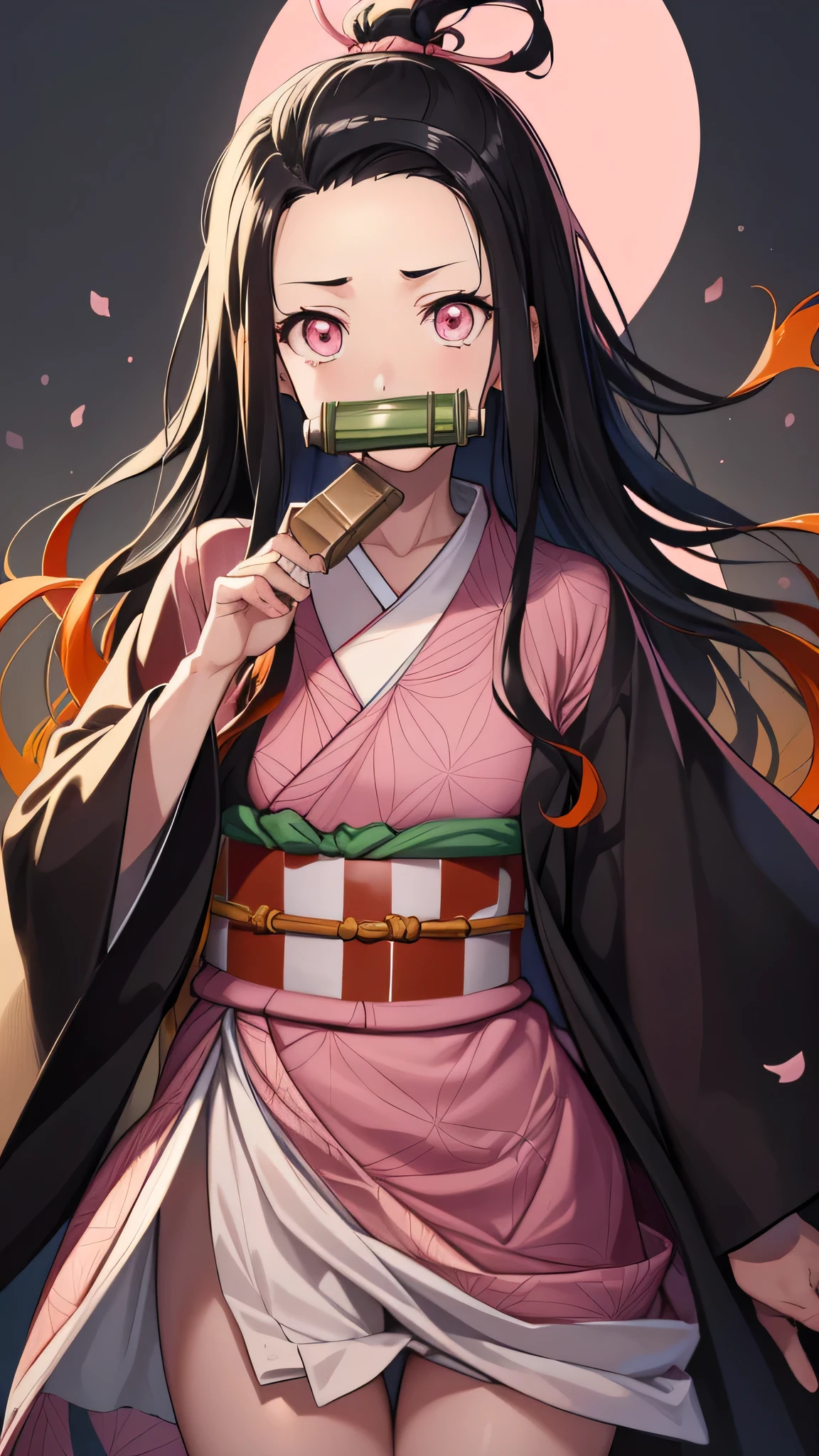 nezukokamado, nezuko kamado, bamboo, (bit gag:1.5), Bblack hair, (amount:1.5), gag, gagged, hair ribbon, long hair, multicolored hair, (pink eyes:1.5), hair orange, Elongated pupils, Wavy hair, two tone hair, break asa no ha (Standard), checkered range, Haori, kimono, kimono, longsleeve, Heart, pink kimono, range, wariza, wide sleeves, break looking at viewer, break indoors, break (work of art:1.2), highest quallity, high resolution, unity wallpaper 8k, (人物:0.8), (Beautiful fine details:1.6), high-detailed face, perfect lighting, highly detailed CG, (perfect hands, Perfect Anatomia),