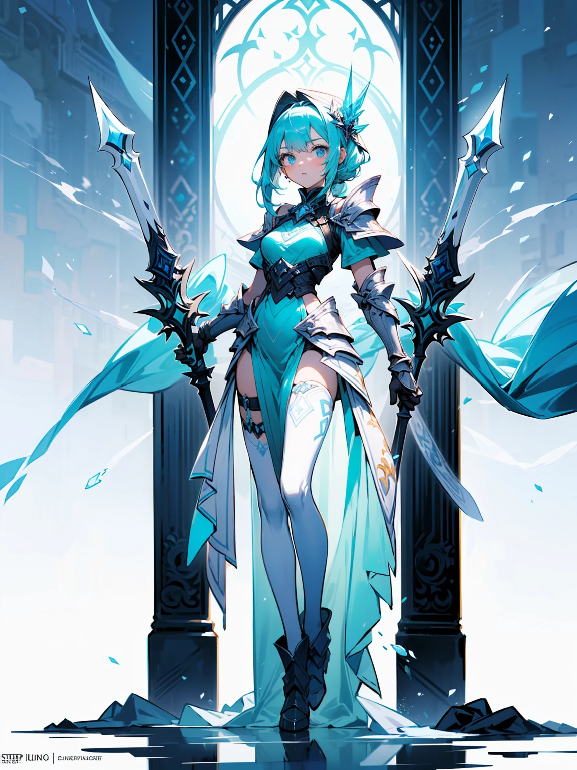 (((masterpiece, best quality, high detailed, 8k))) Design a layout showcase Gaming character, (1girl). Blue|White clothes, stylish and unique. ((showcase weapon:1.4)), ice spear. (masterpiece:1.2), (best quality), 4k, ultra-detailed. (Step by step design, layout art:1.5), (luminous lighting, atmospheric lighting). ice queen, ((glove full hands)), (((revealing clothes:1.3))), vambraces, armored legwear, (((full_body_shot:1.4))). {On a frozen lake}.
