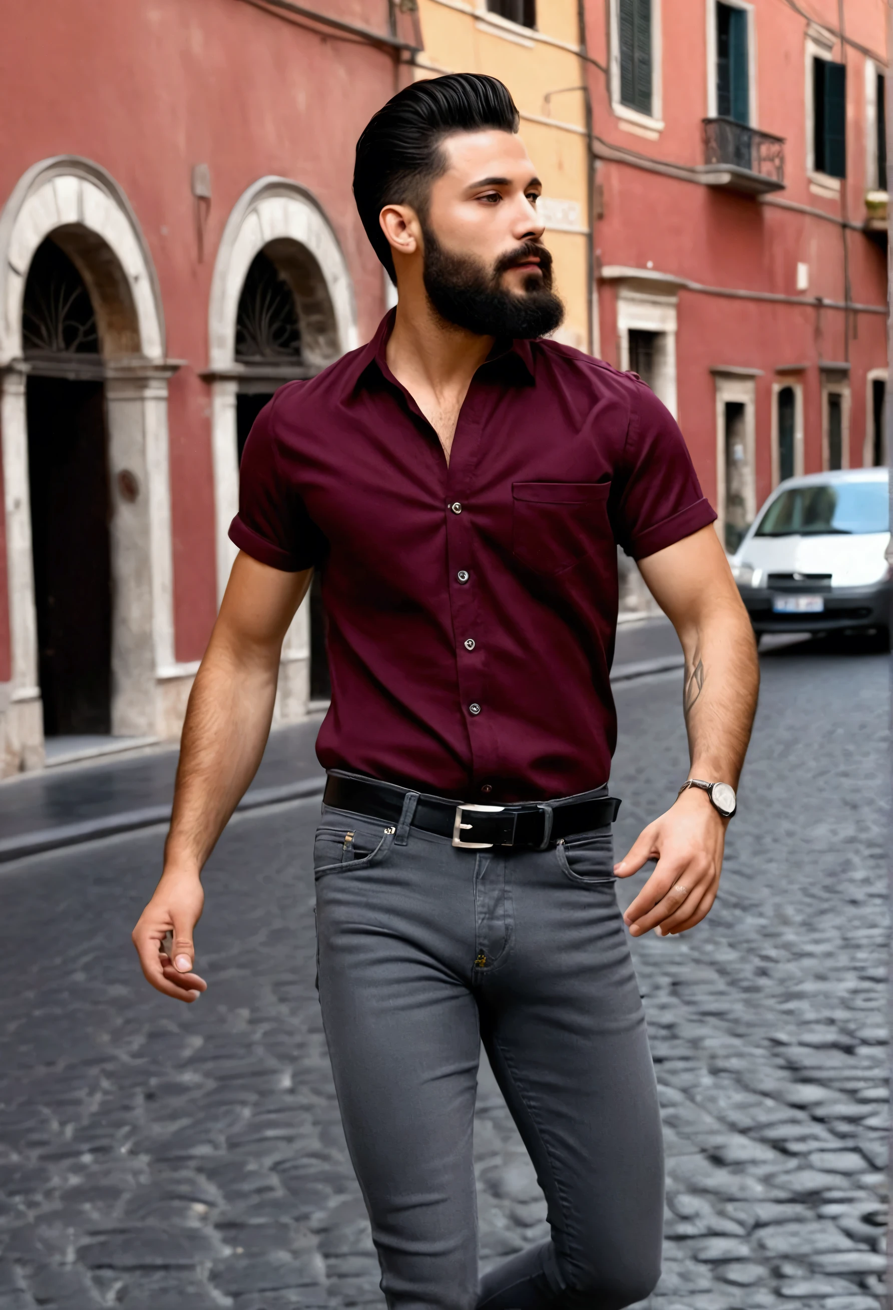 Jazz club, Realistic hd video of handsome pale white glowing skin super cut medium beard latina male model,black stylish hair, (((wearing wine shirt and Gray-red jeans ))), high quality photography ((dancing in streets of rome background))