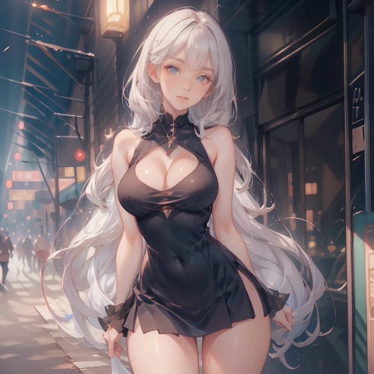 Anime Kawaii sexy Perfect Slim sensual body large breast and huge thighs, An intricate and highly detailed illustration of anime (Young girl). "A 17 year old girl with a voluptuous body, pale and delicate skin, long straight white hair, bright and expressive purple eyes, pink and full lips. She wears a tight black dress that accentuates her waist and bust., with a V-neckline that highlights your large breasts. The dress has a short black skirt that fits her hips and shows off her smooth, toned thighs... She wears a pair of black stockings that cling to her legs and accentuate her figure.. On your feet, She wears a pair of black high-heeled boots that give her an air of mystery and sensuality.. around the neck, She wears a black choker with a small crucifix that accentuates her pale skin.. Her white hair falls loosely down her back and moves gracefully as she moves.. Her bright purple eyes shine with intensity and her gaze is hypnotic.. Her pink and full lips are perfect for kissing and her smile is radiant. She wears a kitsune mask on one side of her face that gives her an air of mystery and magic... His figure is curvy and sensual, with a large bust and wide hips. She is a true beauty and her presence is impressive."