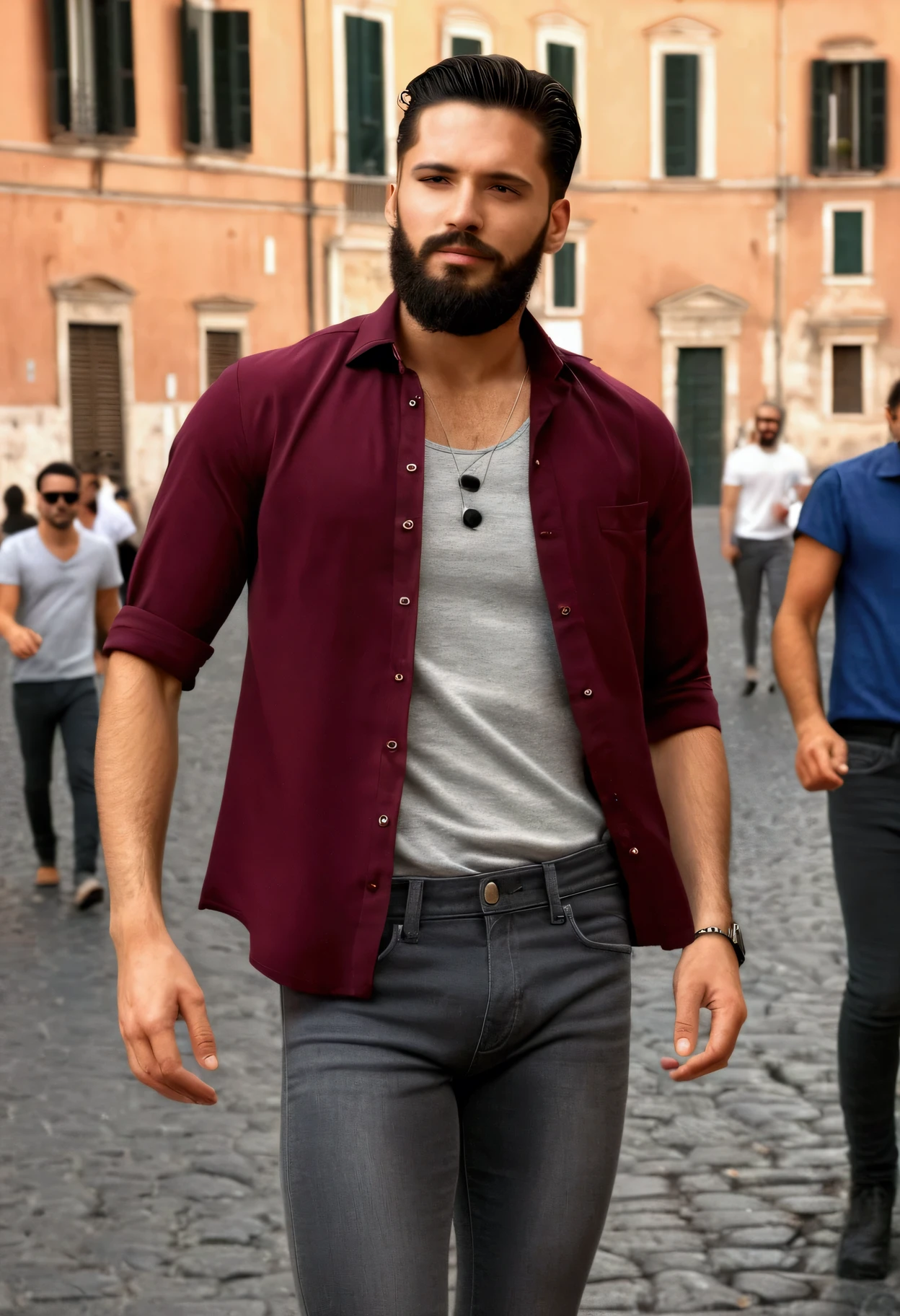 Jazz club, Realistic hd video of handsome pale white glowing skin super cut medium beard latina male model,black stylish hair, (((wearing wine shirt and Gray-red jeans ))), high quality photography ((dancing in streets of rome background))