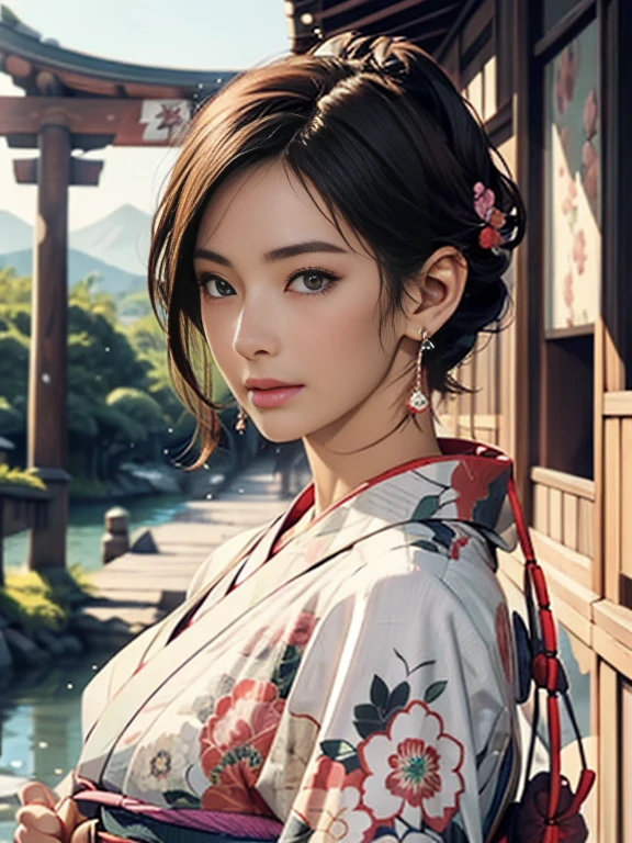 (Highest quality、 8k 、masterpiece、High resolution)、(whole body)、Vibrant colors、Brown-black bob、Traditional topknot、Ample breasts、(Detailed face,Beautiful Face,Beautiful Eyes,Beautiful nose,Pretty lips)、Official artwork、Ukiyo-e style、 (Beautiful woman in kimono)、(Vivid floral patterned kimono)、background、river、bridge、Mountain、Starry Sky、plum、