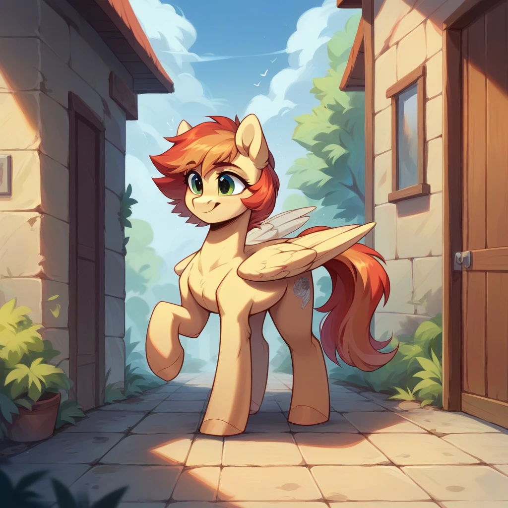 My little pony OC, wild pony, cuddly, masculine gender, full body, pegasus, wearing a casual outfit