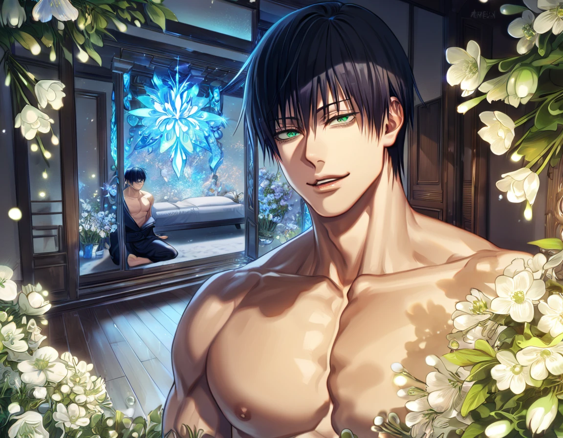 absurdres, highres, ultra detailed, HDR, master piece, Fushiguro Touji, black hair, expressive green eyes, bare chest, toned chest, Jujutsu Kaisen, sexy man, room, handsome, best quality, flowers, fantasy, magical, solo, blue shining fireflies, blue petals, sensual, handsome smile