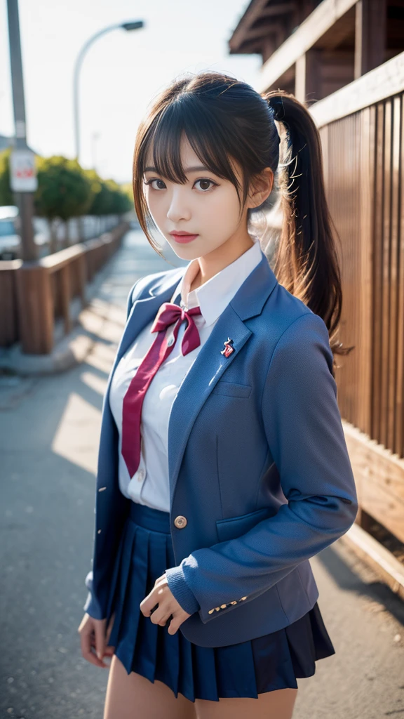 mix 4, (16K, Raw photo, best image quality, masterpiece: 1.45), (realistic, Photoreal: 1.37), one girl, cute, cityscape,, professional lighting, photon mapping, school classroom, Physically based rendering, dark brown hair,ponytail hairstyle, Beautiful well-groomed eyes、((double eyelid))、super cute girl, (((school uniform、blazer、Long-sleeved shirts worn by Japanese high school girls、ribbon tie、Navy blue super super super mini skirt,、dark blue socks、black loafers))), highest quality photos, High resolution, 1080P, (clear face), (Detailed facial description), (detailed description of hands), (masterpiece), (Detailed CG)、extreme light and shadow、messy hair、master work、Rich details、smiling, (detailed facial features)、(highest quality photoasseter muscle part)、(detailed eye)、look in front of you、thin clavicle、((slender and big))、(((Japanese high school girls wear long-sleeved shirts)))、((neat idol))、((school gate、schoolyard、School building in the background))、(Take photos from random viewpoints)、(((Anyway it's cute)))、earrings、big smile、Draw the whole body from the knees、Do not draw fine lines, ( large breasts:1.4)、small buttocks with tension、Two arms and two legs、(((from the front:0.7)))、bare hands、(((symmetrical eyes)))、standing pose、Do not remove the tie from the jacket、