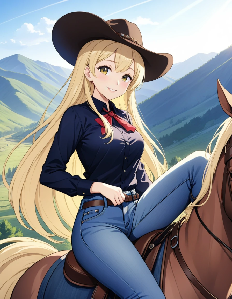 Beautiful cowboy woman riding horse in wild west, female cowboy shirt, tight jeans, cowboy hat, boots with spurs, blonde hair, very long hair light smile, social realism, cinematic lighting, afterimage , wide angle, masterpiece, anatomically correct, super detail, high quality, anime screenshot, the background is in the mountains of North America.