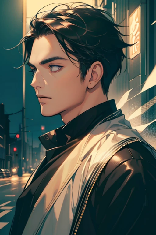 (best quality digital art digital illustration 4k high resolution beautiful image hyper-detailed image perfect lines soft lighting night environment smooth zoom perfect face) (1:1 photorealistic) (neutral colors hdr 1.4) (anime style) an adult 25 year old man (expressionless perfect detailed face) medium black hair modern clothes dystopia