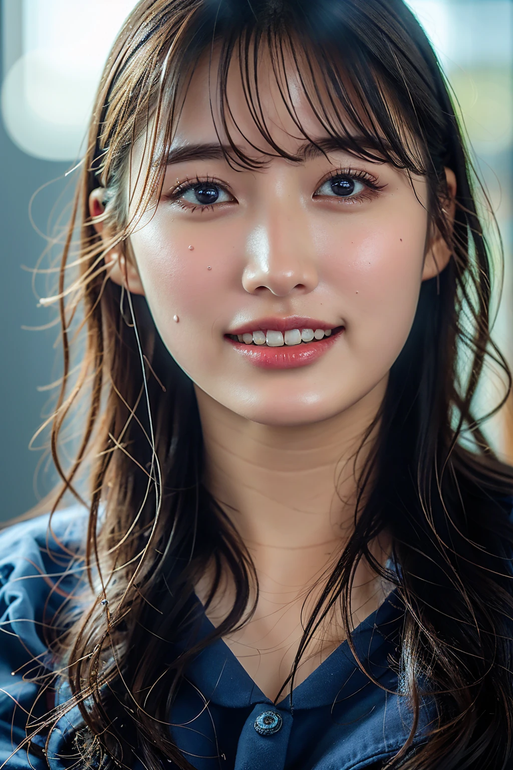 (8k), (Highest quality: 1.2), (Realistic), (Realistic: 1.37), Ultra-high resolution, 1 girl, cute, smile, Mouth closed, Beautiful details, Beautiful Nose, whole body, Wet Hair, Giant Dulcefo, Thighs