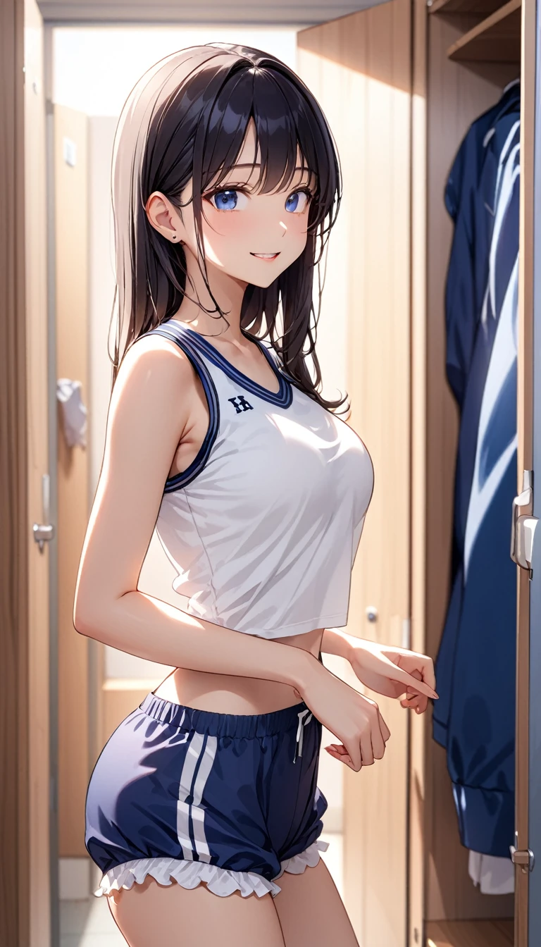 高いquality illustration, masterpiece, Very delicate and beautiful, Attractive girl,(White gym clothes、Navy blue bloomers、Navy blue underwear),thin,Slender body,slim、high school,Changing room background,Princess, Beautiful Eyes,smile,(masterpiece, Highest quality:1.2), High resolution, Very detailed CG ユニティ 8k 壁紙, Perfect lighting, colorful, 超High resolution,4K,Very detailed, photograph, 8k, High resolutionolution, 17 years old　Big Breasts