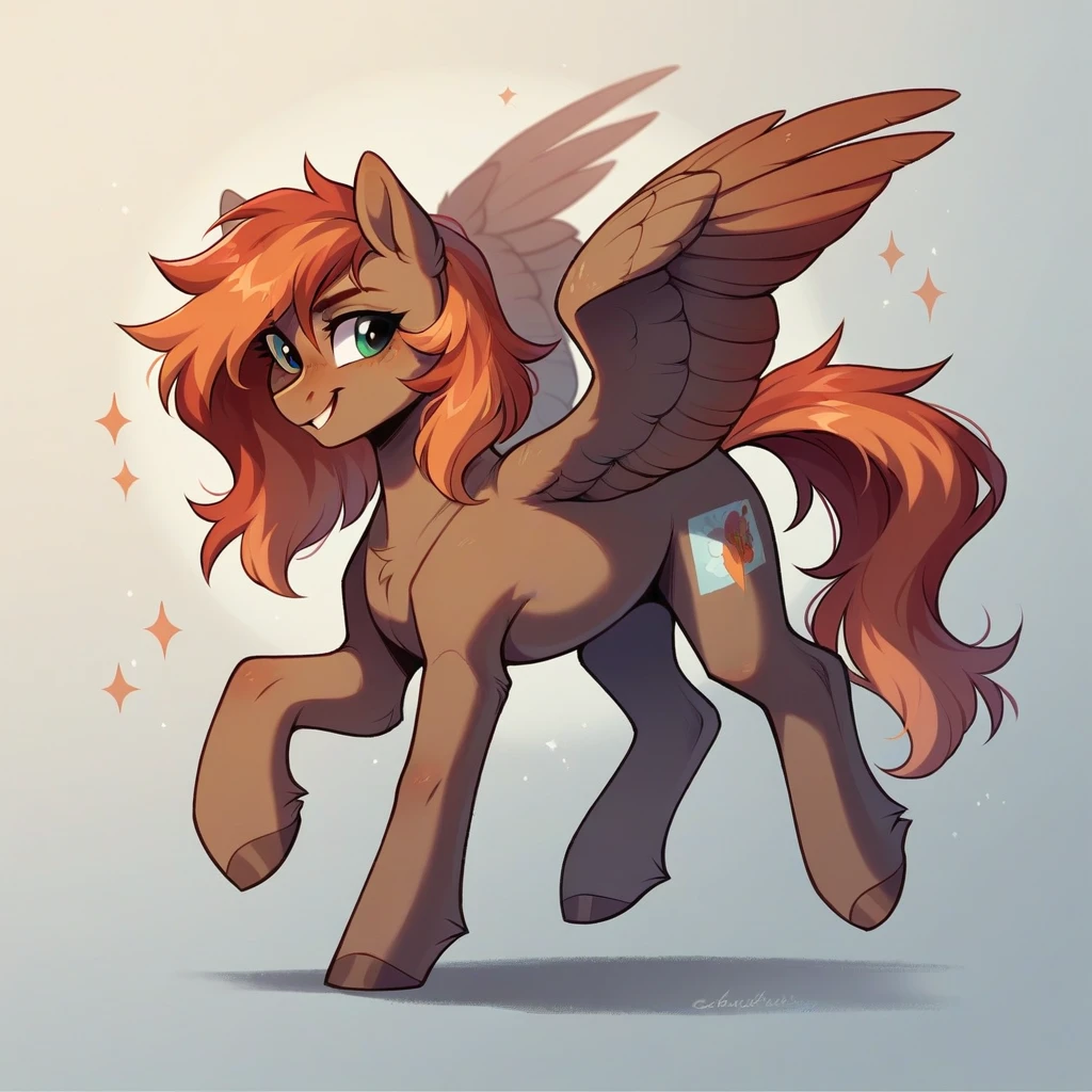 My little pony OC, wild pony, cuddly, masculine gender, full body, pegasus, wearing a casual outfit