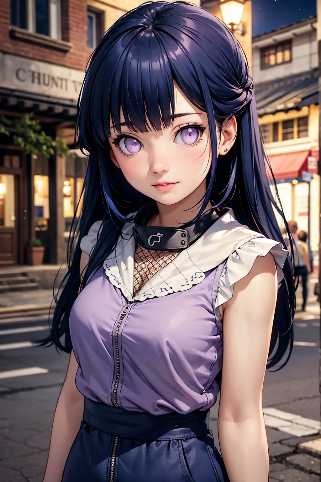 High details:1.9, high resolution, Natural strokes and colors, natural lighting, face detailed, detailed hair, eye detailed, detailed nose, detailed lips, detailed hands. Full body an adult and beautiful girl:1.9. wearing a sleeveless blouse. with pink lips. A city at night. With blue hair ponytail. with clear purple eyes. hyuga Hinata