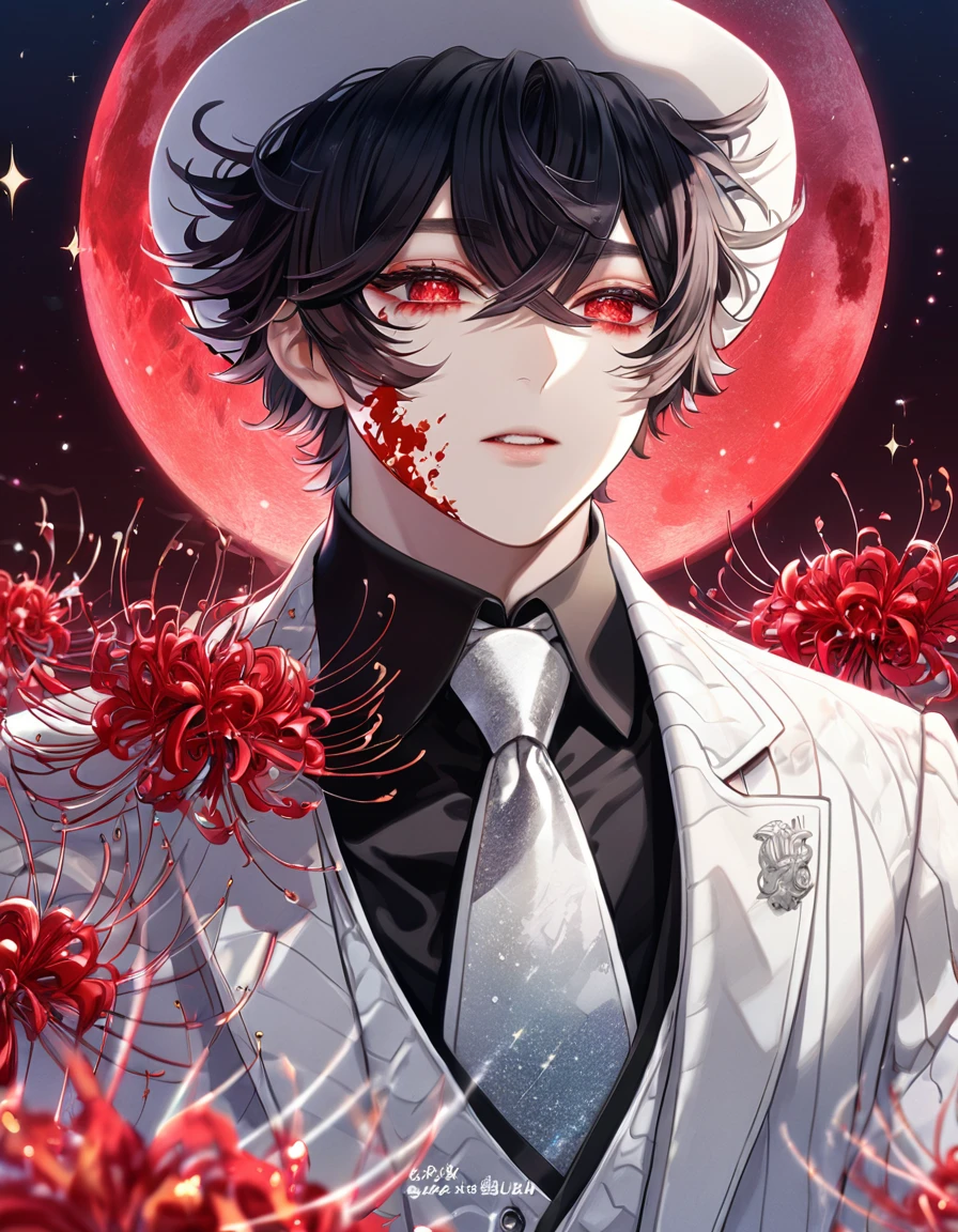 absurdres, highres, ultra detailed, HDR, master piece, best quality, extremely detailed, Kibutsuji Muzan, black hair, expressive red eyes, Kimetsu No Yaiba, solo, y man, handsome, sensual, white jacket, black shirt, white necktie, white hat, fantasy, red blood water, sparkling, red glittering fireflies, red moon, red blossoms, red spider lilies, red sparkling lights, starry sky, magical