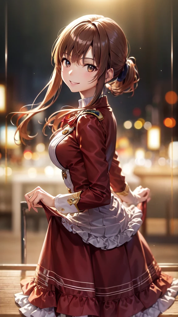 High resolution, Highest quality, super high quality、masterpiece、anime-style picture、Ultra-precision、Shiny, beautiful long hair、High quality anime girl with brown hair and brown eyes,[[Attractive eyes,Detailed eyes、Shining Eyes, Colorful eyes:1.25]]、whole、View from the front、ponytail, Brown Hair、(Skirt lift up:1.1),solo girl,Red and white uniform、Dress appropriately、Best Photos, Tabletop, Realistic, Soft Light, Attractive eyes 、4Ｋ，8Ｋ,(Genuine、Genuine ambition、Photo: Genuine ambition:1.2）、High resolution、超High resolution、Ultra High Resolution Painting、Cowboy Shot、Leaning forward、smile
