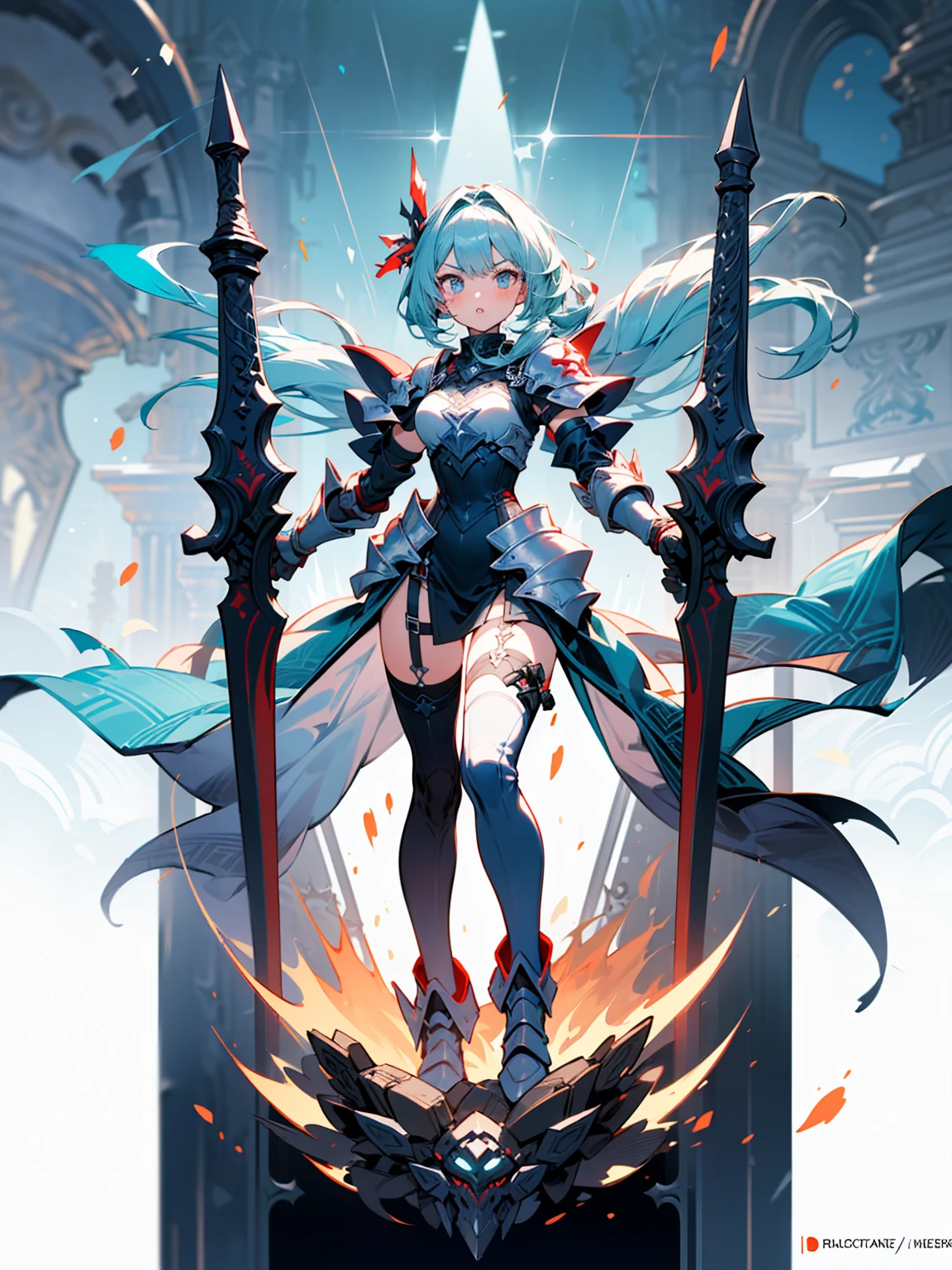 (((masterpiece, best quality, high detailed, perfect face, 8k)))Design a layout showcase Gaming character, (1girl). Red+Black clothes, stylish and unique, ((showcase weapon:1.4)), flaming sword, (masterpiece:1.2), (best quality), 4k, ultra-detailed, (Step by step design, layout art:1.5), (luminous lighting, atmospheric lighting), demon, ((glove full hands)), (((revealing clothes:1.3))), vambraces, armored legwear, (((full_body_shot:1.4))).

