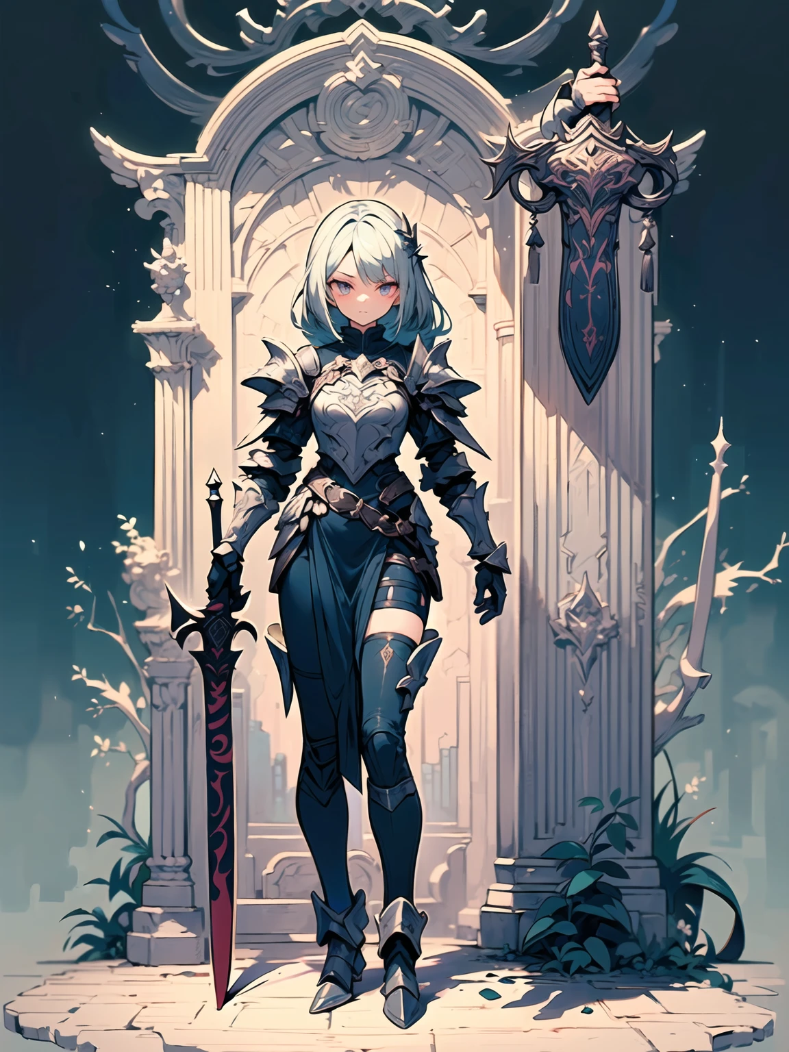 (((masterpiece, best quality, high detailed, perfect face, 8k)))Design a layout showcase Gaming character, (1girl). Red+Black clothes, stylish and unique, ((showcase weapon:1.4)), flaming sword, (masterpiece:1.2), (best quality), 4k, ultra-detailed, (Step by step design, layout art:1.5), (luminous lighting, atmospheric lighting), demon, ((glove full hands)), (((revealing clothes:1.3))), vambraces, armored legwear, (((full_body_shot:1.4))).