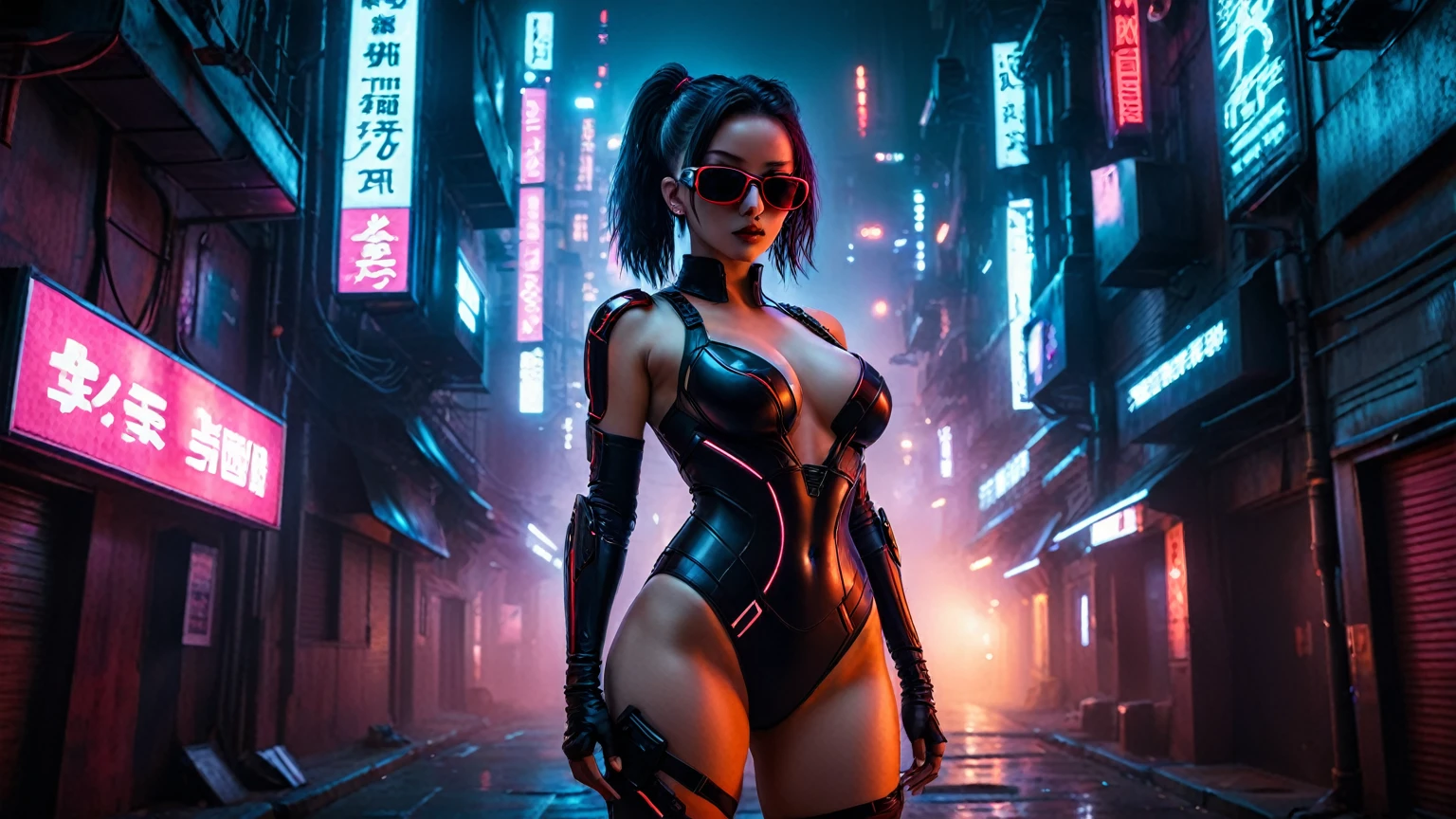 ((fisheye lens)), (1girl, solo, alone), a cyborg female warrior wearing a futuristic leotard standing in a GhostlyStyle cyberpunk city alley at dark night, darksynth aesthetic, red neons, atmospheric fog, large-breast:1.2 slim body, cleavage:1.1, (black sunglasses), (((((she raised a short-gun:1.8 and shot the viewer))))), dynamic pose, ((half-body thigh level medium shot)), cinematic lighting, lens flare, ray tracing.