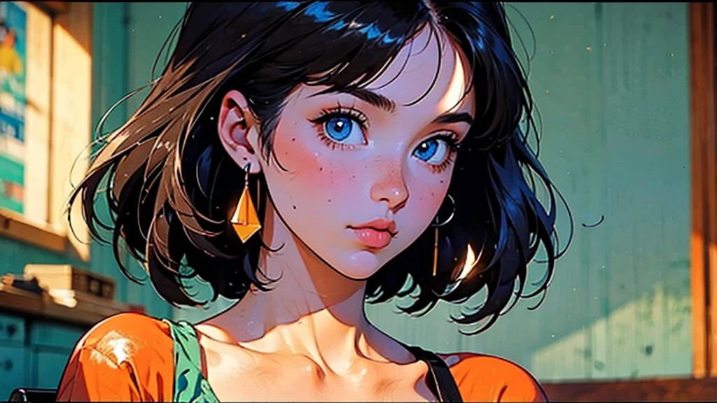 (artwork:1.2), (highest quality:1.2), ultra-high resolution, super detailed, perfect lighting, GIRL WITH DETAILED FACE WITH FACE FORWARD, TORSO ALIGNED FORWARD, SHORT HAIR, BLUE EYES, small AND ROUNDED nose, 80s anime style GIRL, GUITAR, BEDROOM, PLAYING THE GUITAR, WINDOW, SUN, LANDSCAPES, GIRL LOOKING AT THE GUITAR, HAND PLAYING THE GUITAR, FULL IMAGE GIRL PLAYING GUITAR