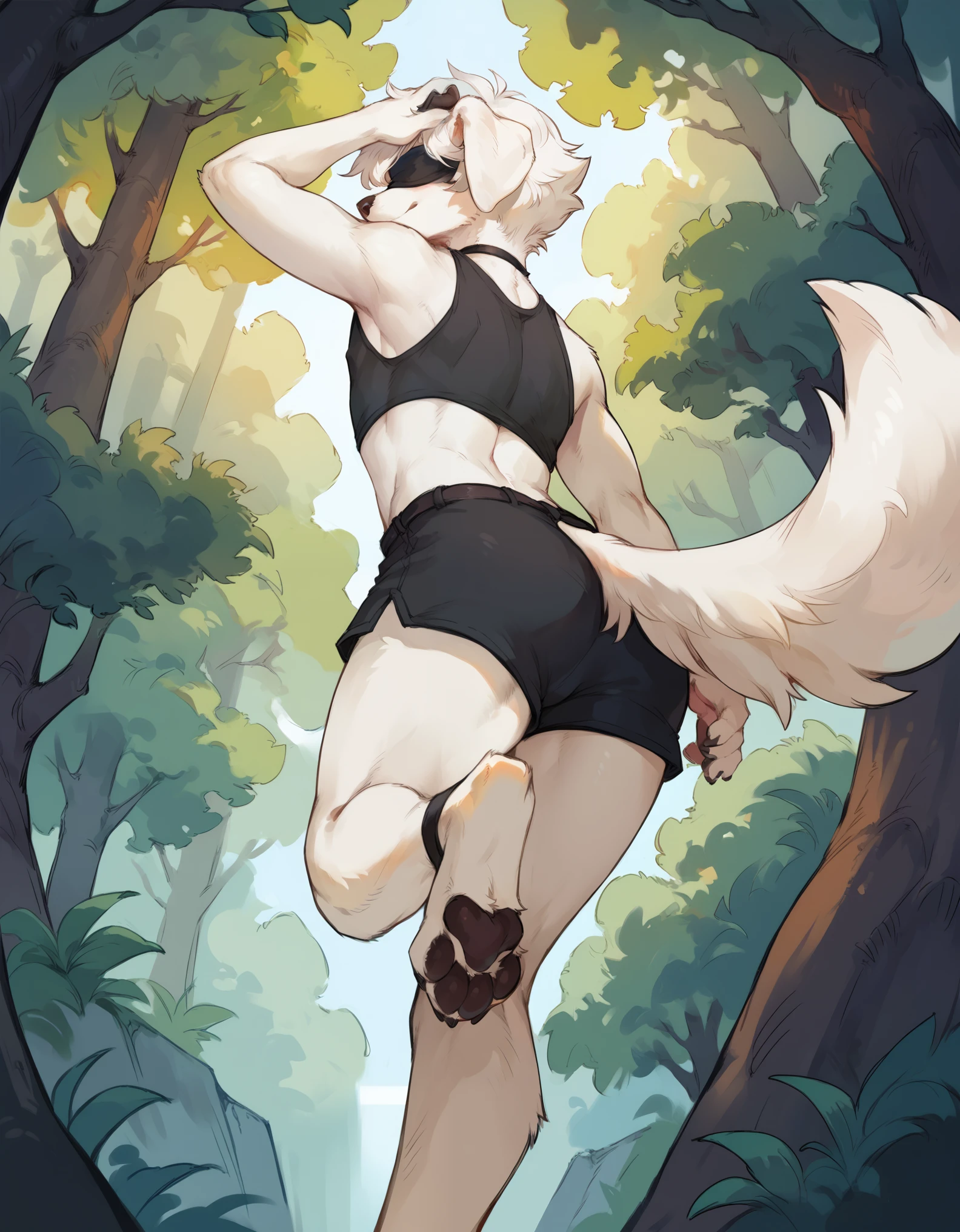 Solo, score_9,score_8_up,score_7_up, source_anime, 9s, blindfold, male, Anthro, Anthro furry white domestic dog, white furry body, white canine ears, snout, feminine, femboy, wearing black crop top, black short shorts, low angle shot, he is walking, one foot up, feet paws four toes, one foot in frame, playful pose, in a destroyed city with overgrown vegetation, in a forest, rear view, 