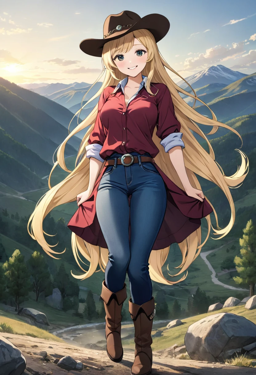 Beautiful cowboy woman riding horse in wild west, female cowboy shirt, tight jeans, cowboy hat, boots with spurs, blonde hair, very long hair light smile, social realism, cinematic lighting, afterimage , wide angle, masterpiece, anatomically correct, super detail, high quality, anime screenshot, the background is in the mountains of North America.