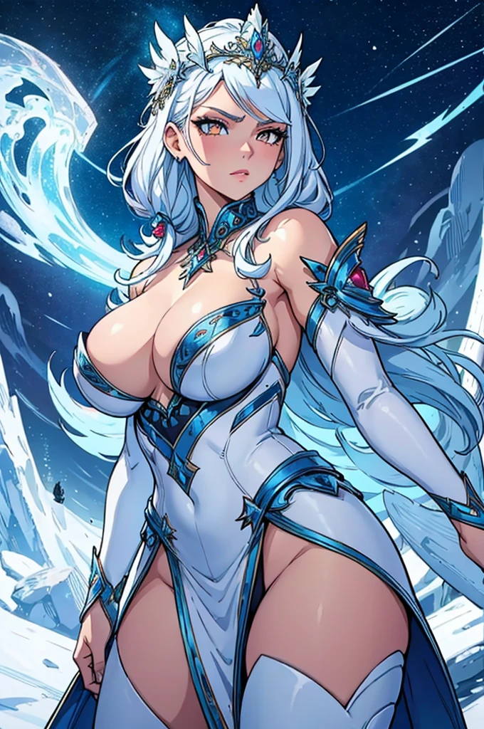 matte painting movie poster, perfect face, detailed eyes, dynamic, highly detailed, art station, sharp soft focus, illustration, fantasy, intricate, epic, trending highly detailed art station, arthouse movie production characters vibrant rendering, ultra high quality model, 1 girl, ice princess costume, ice princess headdress, fighting pose, unpretentious, very long white hair, white eyes, surrounded by ice, ice effects on her hands, breasts large, ice frost around
((huge breasts))