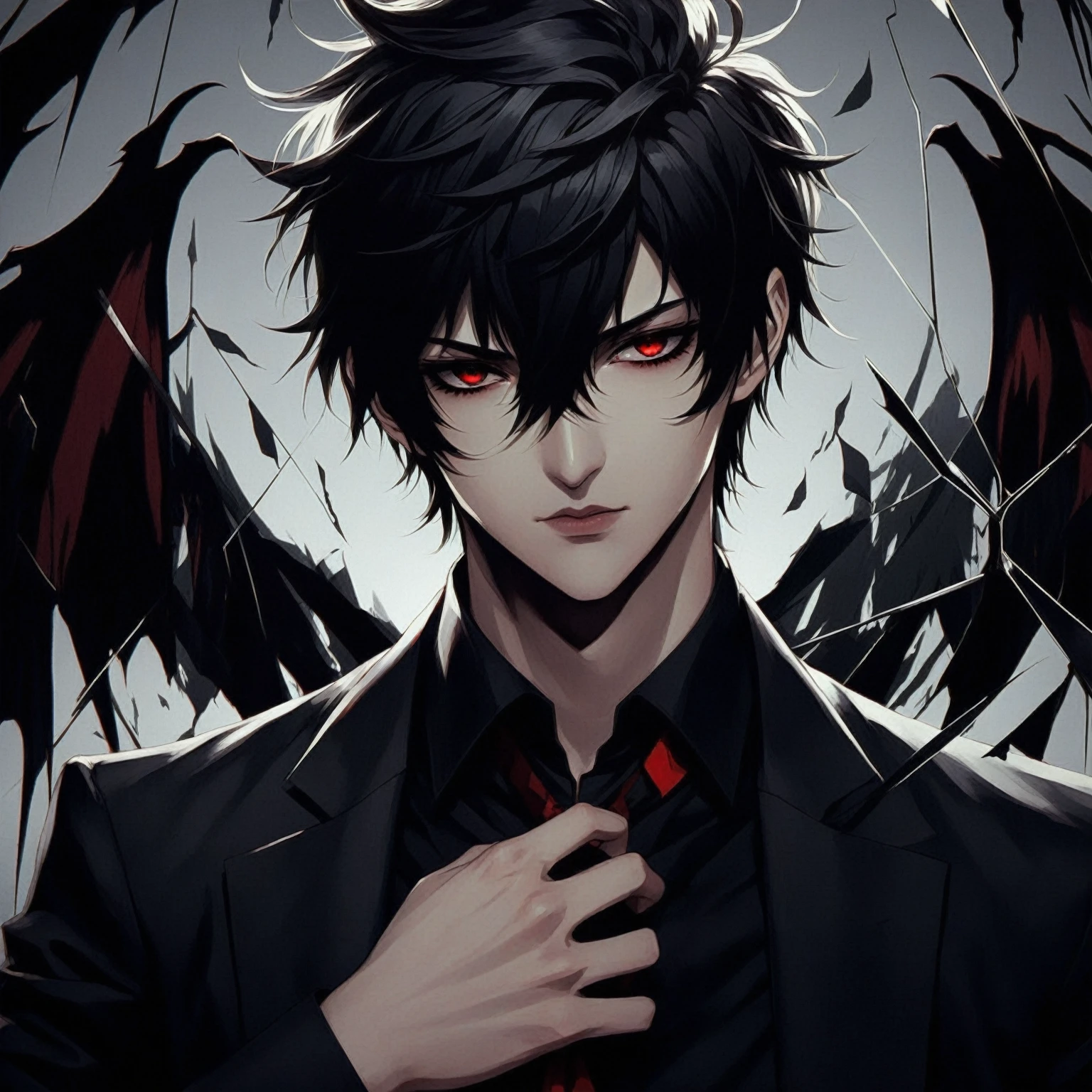 anime male with black hair and an evil smirk, dark eyes, black eyes, detailed lips, he has a red and black wing on his back, very black eyes, yandere scene, masterpiece