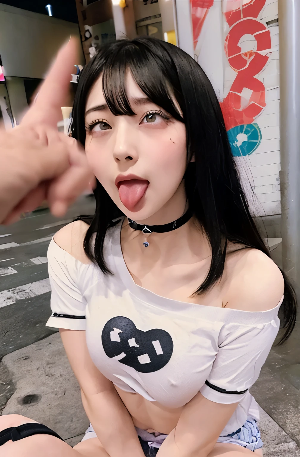 masterpiece、Highest quality、Evaluation Explicit、(Anime Style:1.4),1 girl、whole body、Beauty、cute、squat、Spread your legs to the limit、Cum on face、Stand up straight、Bukkake、(Double Peace Sign,No underwear、Showing off her pussy:1.5)、Tilt of the head、Age 15 and over、Braless Big、(Honor student daughter in heat:1.3)、(Black Hair:1.2)、blue eyes、(Slanted Eyes:1.3)、belly buttonピアス、Ear Piercing、Grin、smile、Very blushing:1.4、Half an eye、Sweat、Heavy breathing、(saliva Tongue out:1.2)、(Tongue Piercing:1.2)、White of the eyes、(Ahegao:1.5) ) BREAK punk fashion、(Off-the-shoulder T-shirt:1.2)、(White T-shirt:1.2)、Short sleeve、(Shirt lift:1.5)、Nipples、Nipplesピアス、Underboob、Bare Chest Crop Top、clavicle、Heart Choker、Strapless、belly button、belly buttonピアス、Ankle boots、Bottomless、Black Wristband ,Black choker,、(at night:1.3)、(cum in Pussy:1.5)
