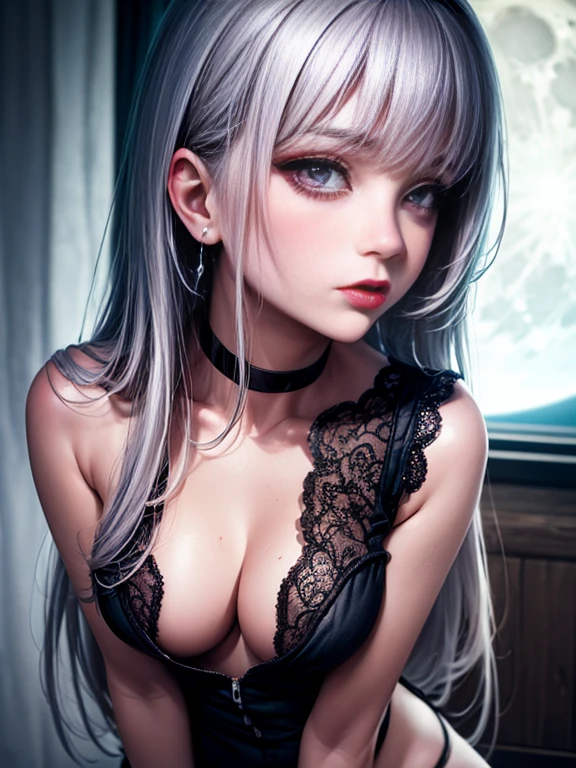 Depth of bounds written, detailed eye, ((CG illustration)), ((face focus)), ((masterpiece)), ((8K)), ((super detailed)), ((Super high quality)), ((cinematic)), ((Photoreal)), ((close up shot)), (solo), (cool girl), very long hair, straight hair, (((thin body))), Glossy skin, ((look away)), (Beautiful goth girl with high cheeks and legs), Gothic makeup, clear eyes, lipstick, dark eye shadow, ((No bra)), choker, earrings, provoke, night, ((full moon)), ((Functional)), Lonely, Visual kei, ((pastel colour)), Unwound clothes, forget, kiss, White Knight, dark, silence