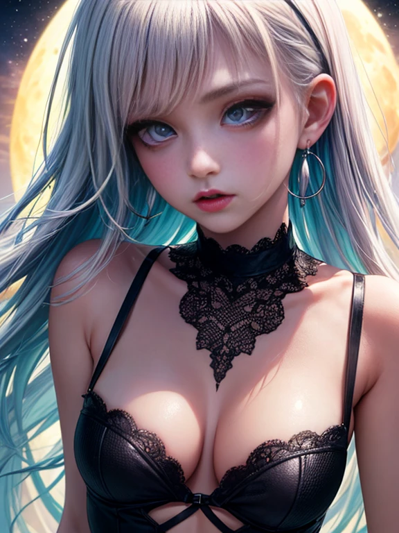 Depth of bounds written, detailed eye, ((CG illustration)), ((face focus)), ((masterpiece)), ((8K)), ((super detailed)), ((Super high quality)), ((cinematic)), ((Photoreal)), ((close up shot)), (solo), (cool girl), very long hair, straight hair, (((thin body))), Glossy skin, ((look away)), (Beautiful goth girl with high cheeks and legs), Gothic makeup, clear eyes, lipstick, dark eye shadow, ((No bra)), choker, earrings, provoke, night, ((full moon)), ((Functional)), Lonely, Visual kei, ((pastel colour)), Unwound clothes, forget, kiss, White Knight, dark, silence
