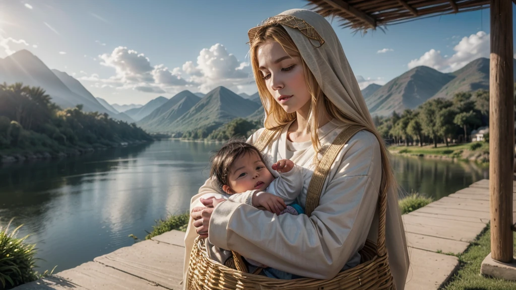 Create a realistic and engaging thumbnail for a YouTube video titled 'How Moses' Mother Waited on God - An Incredible Story of Patience!' Depict Jochebed as a strong, caring woman with an expression of hope and faith, holding baby Moses in a reed basket. The background should feature the Nile River, with gentle currents and lush greenery, symbolizing serenity and faith. Use warm, golden sunlight filtering through clouds to symbolize divine guidance. Add rays of light or an aura around the basket for divine protection, and include Pharaoh's daughter in the distance noticing the basket to hint at the unfolding plan.