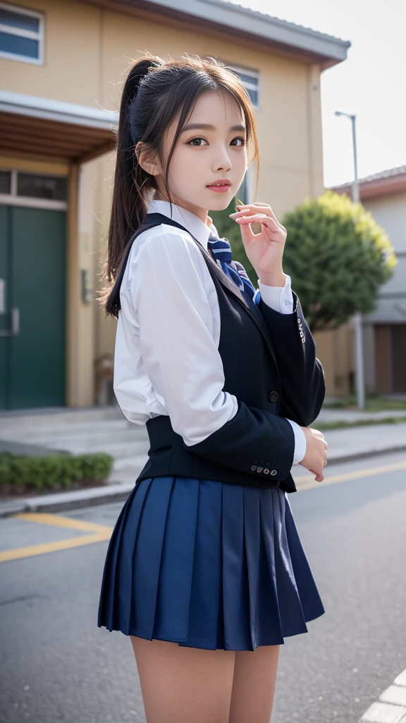 mix 4, (16K, Raw photo, best image quality, masterpiece: 1.45), (realistic, Photoreal: 1.37), one girl, cute, cityscape,, professional lighting, photon mapping, school classroom, Physically based rendering, dark brown hair,ponytail hairstyle, Beautiful well-groomed eyes、((double eyelid))、super cute girl, (((school uniform、blazer、Long-sleeved shirts worn by Japanese high school girls、ribbon tie, super super super mini skirt,、dark blue socks、black loafers))), highest quality photos, High resolution, 1080P, (clear face), (Detailed facial description), (detailed description of hands), (masterpiece), (Detailed CG)、extreme light and shadow、messy hair、master work、Rich details、smiling, (detailed facial features)、(highest quality photoasseter muscle part)、(detailed eye)、look in front of you、thin clavicle、((slender and big))、(((Japanese high school girls wear long-sleeved shirts)))、((neat idol))、((school gate、schoolyard、School building in the background))、(Take photos from random viewpoints)、(((Anyway it's cute)))、earrings、smiling, Draw the whole body from the knees、Do not draw fine lines, ( large :1.4)、smalttocks wion、Two arms and two legs、(((from the front:0.7)))、bare hands、(((symmetrical eyes)))、standing pose、Do not remove the tie from the jacket、