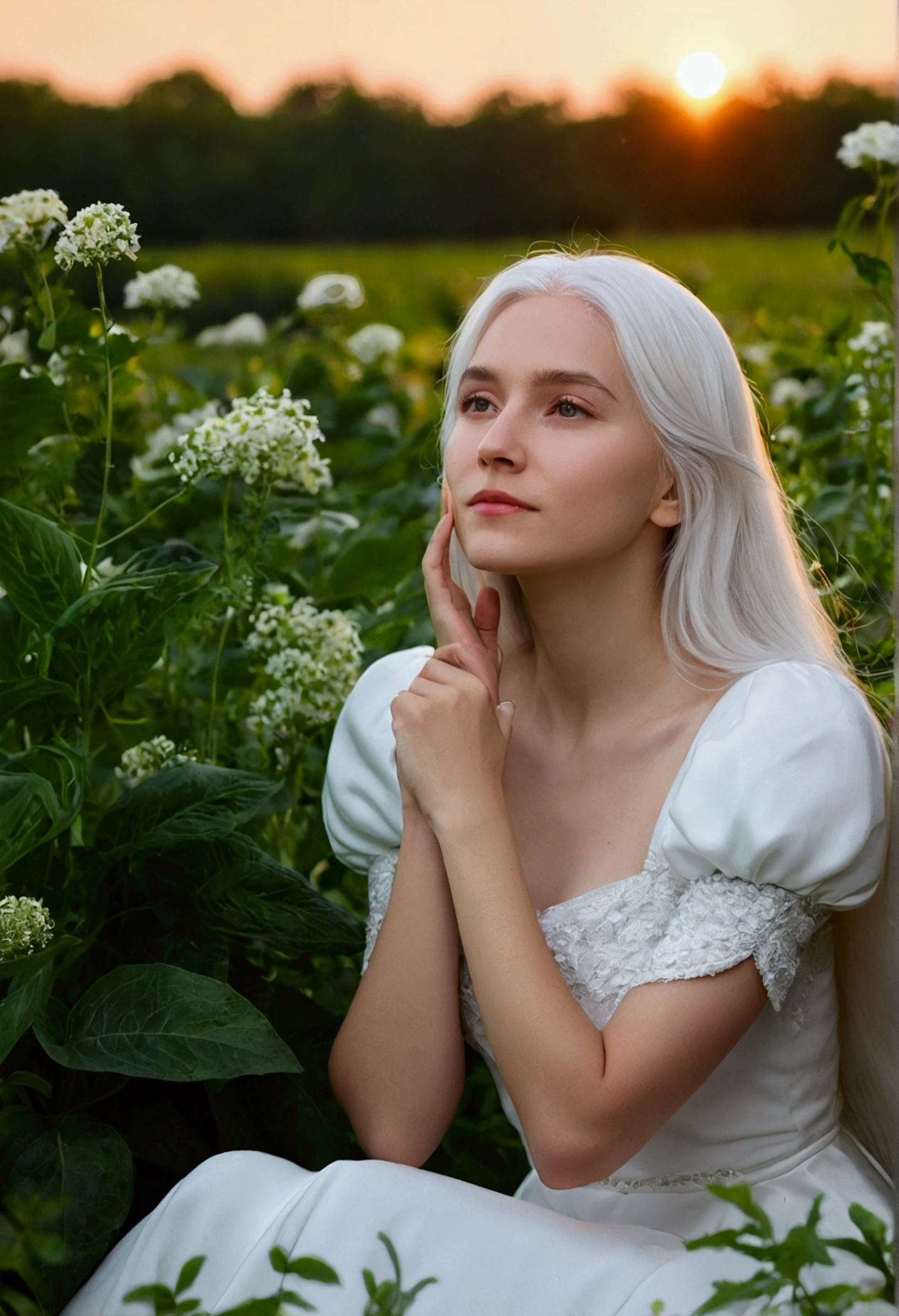 (masterpiece, Best Quality),1 girl with long white hair sitting in a field of green plants and flowers, his hand under his chin, warm lighting, White dress, blurred closeup