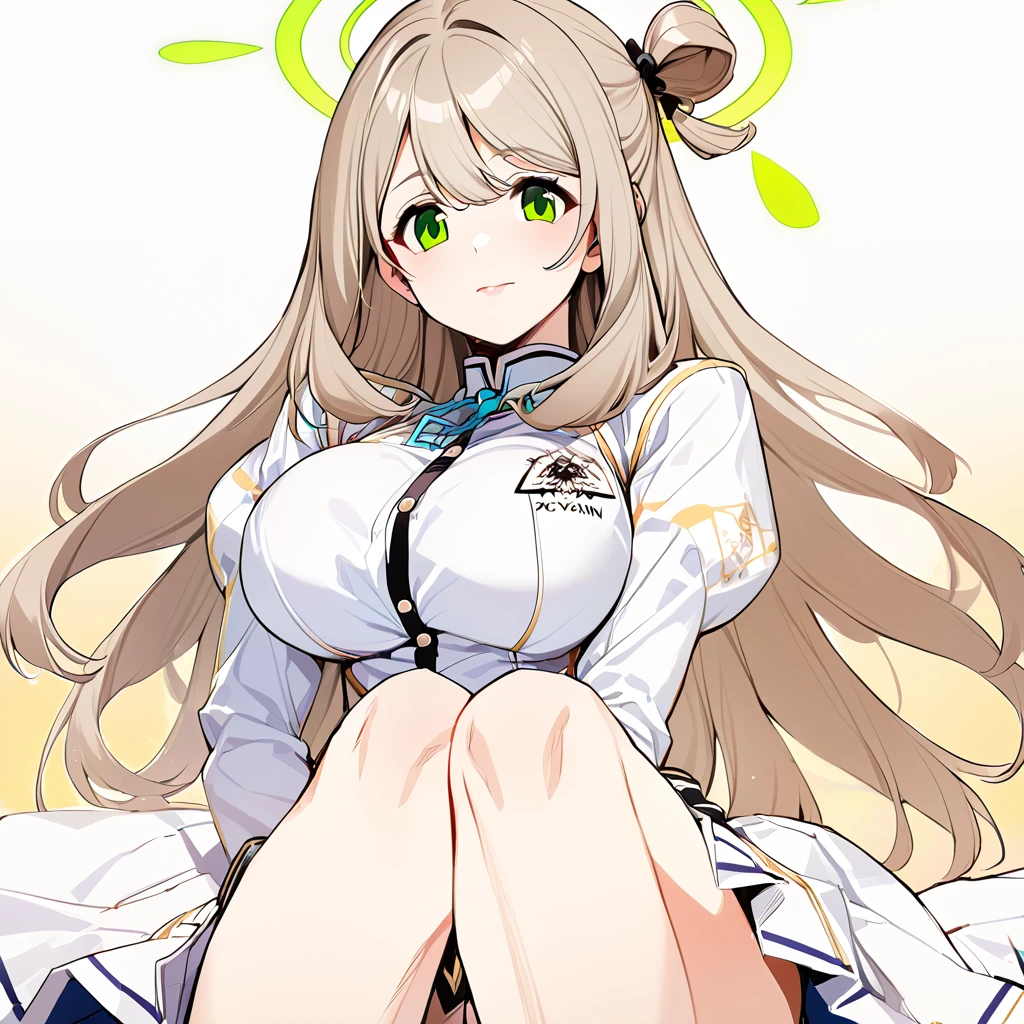 High detailed, 1 girl, solo, nonomi \(blue archive\), cyan eyes,brown hair,long hair, busty, chunky, yellow genetics's uniform, Juliet sleeves,  deep cleavage, whitet,pleated skirt