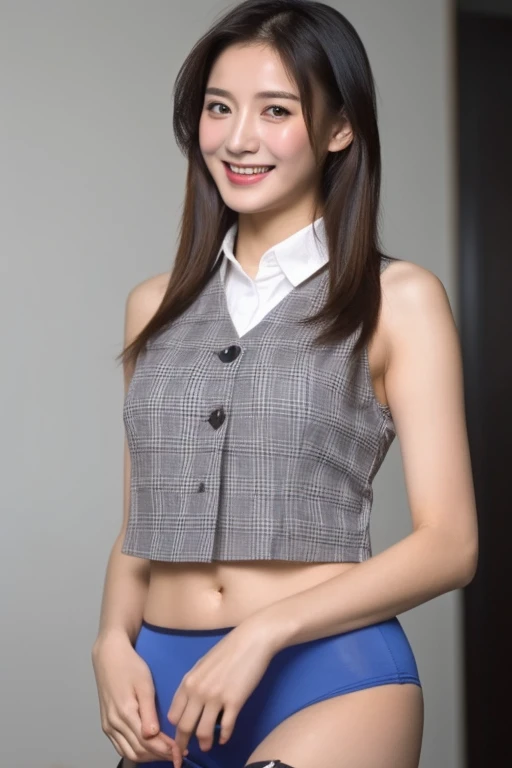(((A short top that shows off your sexy bust:1.65)))、(((Sexy knee-highs:1.35)))、(((Short size sexy panties:1.35)))、((((Spread your legs wide、Touching the thigh、There is a lot of pubic hair showing off the crotch、large pointy breasts))))、Browsing Caution、（Humans are biologically correct、references） 、 lose extra limbsslim limbsextra numbersmutated hands and finger fusionfingersslim bad handslong necklong body anatomybad deformationbad deformation no extra breasts、Not Futanari、Not Moriman、Uruchan-6500-v1.1, (RAW Photos:1.2), (Photorealistic), (Genuine: 1.4), １girl、Perfect Anatomy、43 years old、Plaid vest、(Ultra-realistic pantyhose:1.2), (A very loving smile:1.2)、Large file size, High resolution, Very detailed, Highest quality, [masterpiece:1.6], Awareness-raising, Very detailed, finely, Highest quality, 8k wallpaper, Cinema Lighting, Perfect figure, Cute droopy eyes、Beautiful big eyes、 Highest quality, girl1名, eye shadow,  ((Full Body Shot:1.3))、