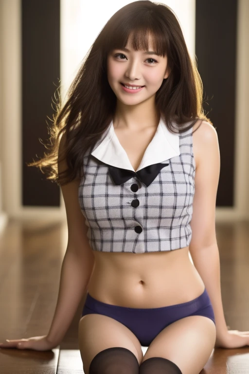 (((A short top that shows off your sexy bust:1.65)))、(((Sexy knee-highs:1.35)))、(((Short size sexy panties:1.35)))、((((Spread your legs wide、Touching the thigh、There is a lot of pubic hair showing off the 、large pointy breasts))))、Browsing Caution、（Humans are biologically correct、references） 、 lose extra limbsslim limbsextra numbersmutated hands and finger fusionfingersslim bad handslong necklong body anatomybad deformationbad deformation no extra breasts、Not Futanari、Not Moriman、Uruchan-6500-v1.1, (RAW Photos:1.2), (Photorealistic), (Genuine: 1.4), １girl、Perfect Anatomy、43 years old、Plaid vest、(Ultra-realistic pantyhose:1.2), (A very loving smile:1.2)、Large file size, High resolution, Very detailed, Highest quality, [masterpiece:1.6], Awareness-raising, Very detailed, finely, Highest quality, 8k wallpaper, Cinema Lighting, Perfect figure, Cute droopy eyes、Beautiful big eyes、 Highest quality, girl1名, eye shadow,  ((Full Body Shot:1.3))、