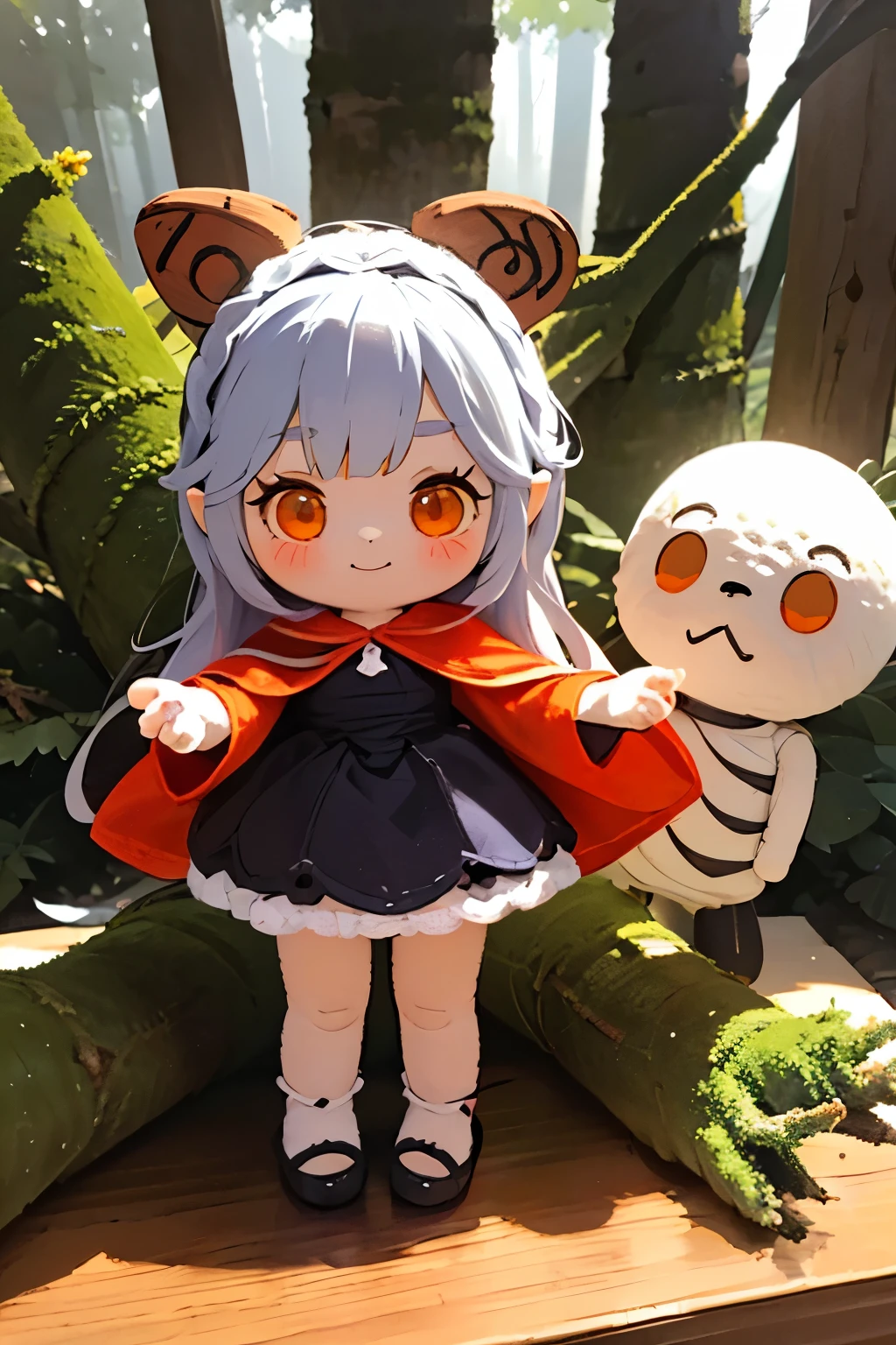 Photorealistic、Cute horror fantasy、Chibi Girl Doll（Devil Cosplay、smile、Long eyebrows、Long nails、Orange eyes、Wear a long, big cloak） BREAK ,background(Musical notes around the doll, (dead tree:1.3), in the forest,shadow　the cardboard\(Bat,Skeleton,Crow\)\)