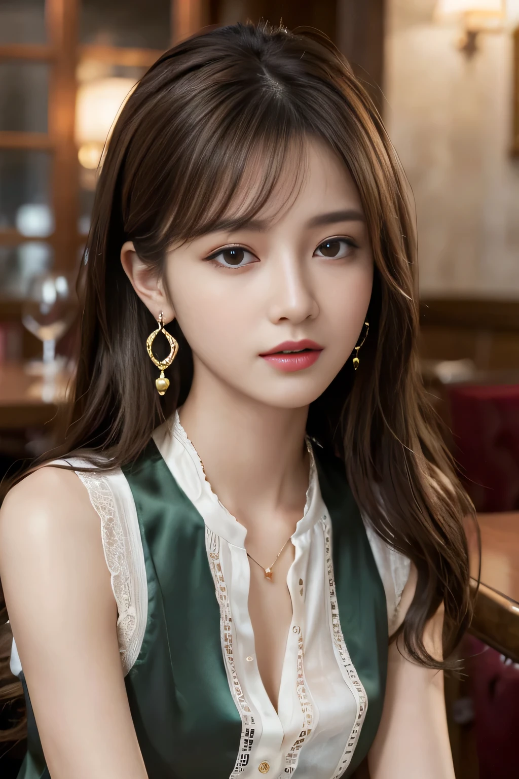 masterpiece, Highest quality, Realistic, Very detailed, Finer details, High resolution, 8k wallpaper, One beautiful woman, Wear a pretty colored silk shirt, In a great restaurant, At night, Light brown messy hair, Perfect dynamic composition, Beautiful and beautiful eyes、Big earrings、chest、Sleeveless shirt、
