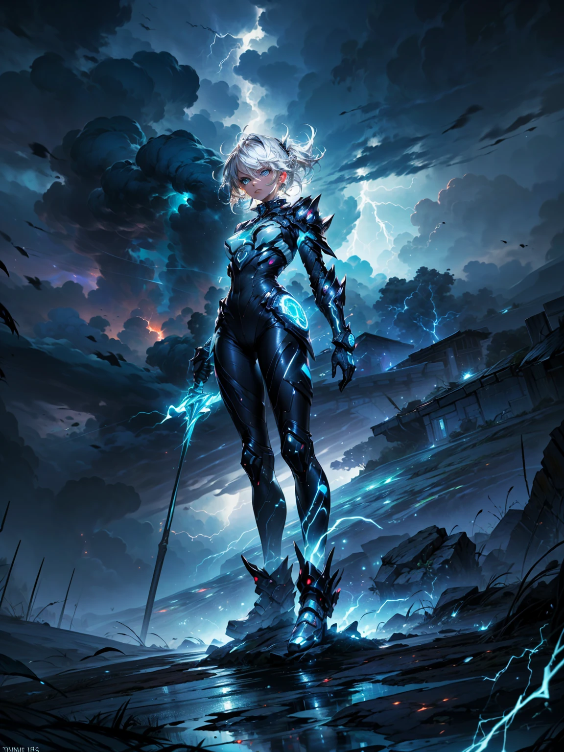 (((masterpiece, best quality, 16k)))((full body shot)) of a girl in electrifying, futuristic armor with sleek silver and blue accents, standing in a stormy, electrified sky. She has short, spiky platinum blonde hair and piercing, electric blue eyes. Her skin has a faint, radiant glow, and she is adorned with intricate lightning bolt motifs. She holds a magnificent staff crackling with arcs of lightning, emitting a powerful, electric aura. The atmosphere is {charged|awe-inspiring}, with thunderclouds and bolts of lightning illuminating the scene. The ground beneath her is charged with static electricity, creating a shimmering effect and adding to the electrifying ambiance. Surrounding her are swirling storm clouds and bursts of lightning in shades of {blue|white}, casting a dynamic, electrical glow. The background features towering, swirling storm formations and glimpses of a distant, lightning-lit castle, hinting at a kingdom ruled by thunder and lightning. The scene is intense and majestic, with her face showing a confident yet serene expression, her eyes focused intently on harnessing her power. [Best quality], [Masterpiece], [Ultra-detailed], [4k], {charged|awe-inspiring} atmosphere, stormy sky, {dynamic pose|commanding pose}, electrified illumination, {soft shadows|dramatic lighting}, {charged ground:0.7}, {swirling storm clouds:0.6}, {bursts of lightning:0.5}, {storm formations:0.4}, {lightning-lit castle:0.3}.