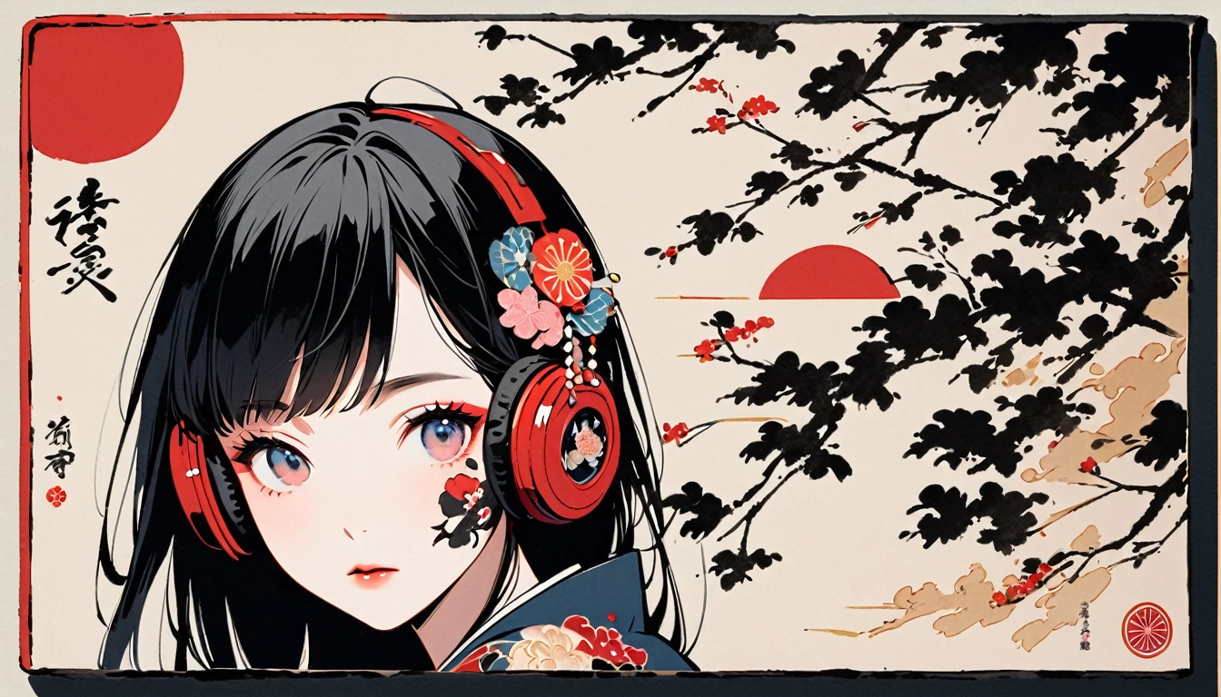 (((Ink Painting))), Fashion portrait color photos, (((1 girl))), (((Tattoo on face))), (((Gorgeous hair accessories))), Japanese style headphones, face close-up, Japan人の美少女, Black Hair, Delicate and precise, Modern ukiyo-e style,Japan, Japanese flag