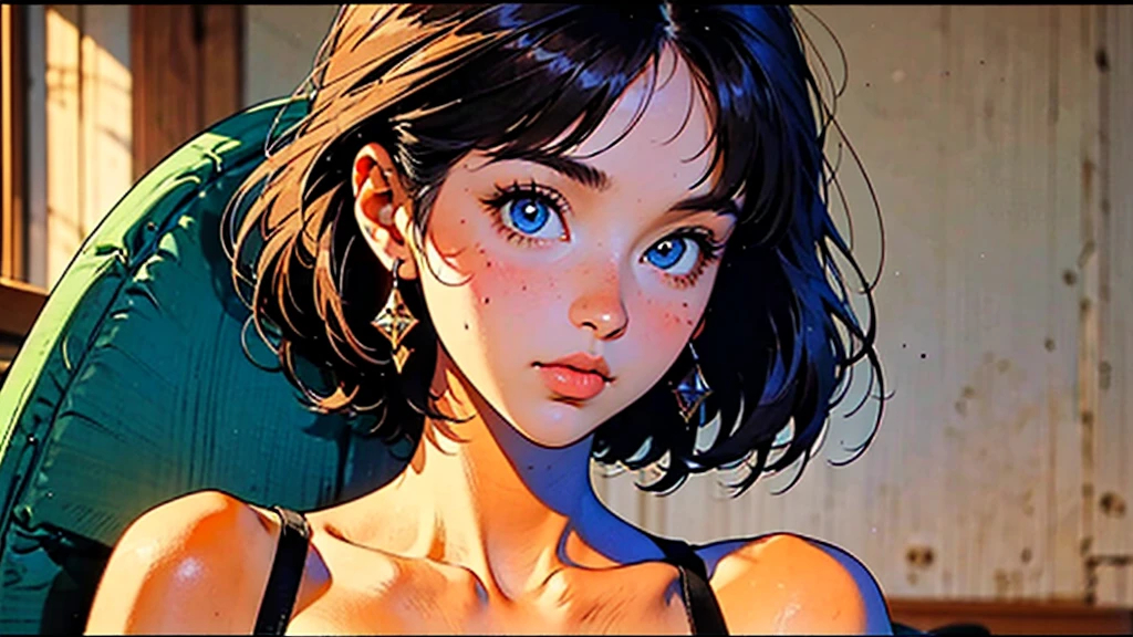 (artwork:1.2), (highest quality:1.2), ultra-high resolution, super detailed, perfect lighting, GIRL WITH DETAILED FACE WITH FACE FORWARD, TORSO ALIGNED FORWARD, SHORT HAIR, BLUE EYES, small AND ROUNDED nose, 80s anime style GIRL, GUITAR, BEDROOM, PLAYING THE GUITAR, WINDOW, SUN, LANDSCAPES, GIRL LOOKING AT THE GUITAR, HAND PLAYING THE GUITAR, FULL IMAGE GIRL PLAYING GUITAR 